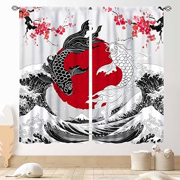 Japanese Curtains, Asian Style Japanese Anime Black White Yin Yang Koi Fish Cherry Blossom Great Wave Oriental Window Drapery Treatments for Bedroom Living Room Kitchen Bathroom 2 Panels, 42"x45" Inch