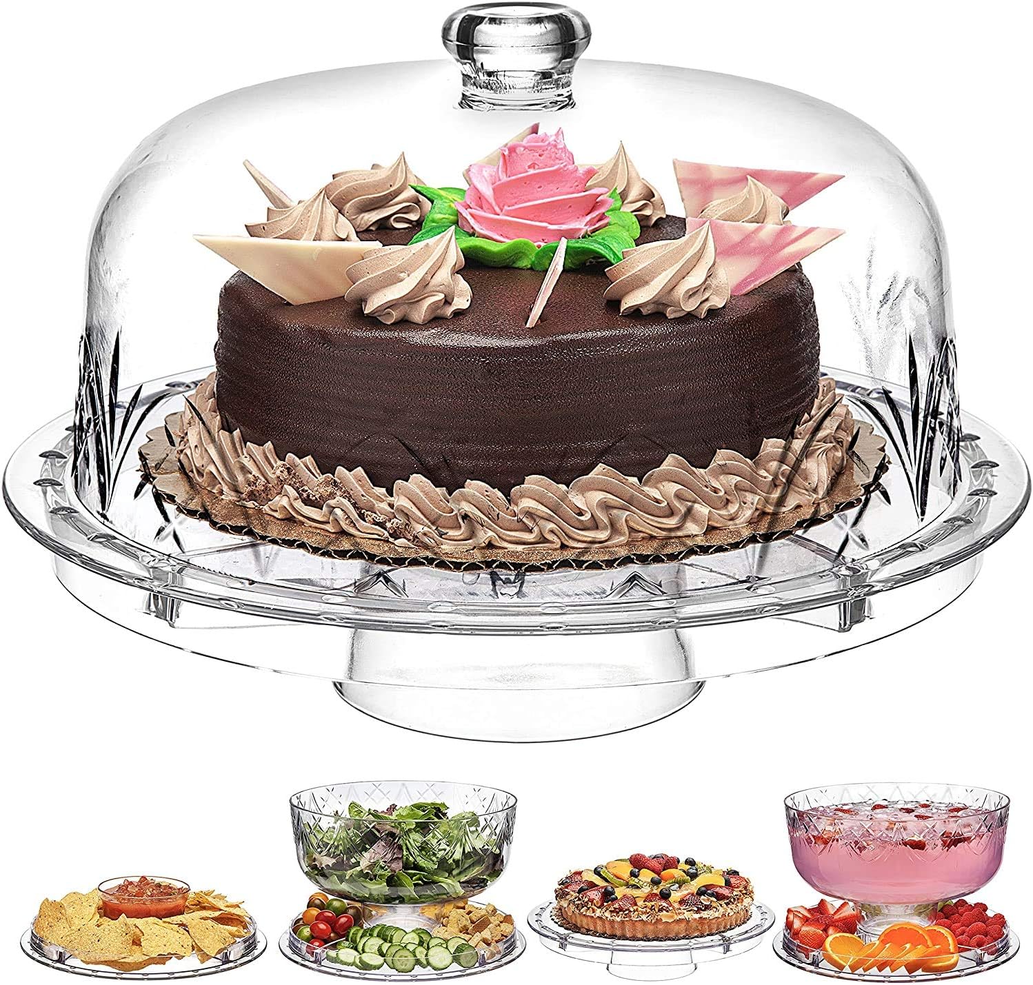 Alokrupswam Cake Stand - Multi-Functional Clear Acrylic Serving Platter and Cake Plate with Dome, Use As Cake Plate/Salad Bowl/Nachos/Punch Bowl, Wedding Cake Stands, Spoons (Pack of 1)