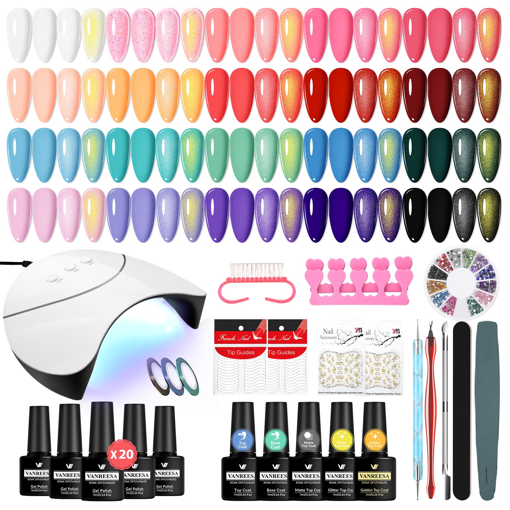 VANREESA Kit Semipermanente Unghie, 20 Colori Smalto Semipermanente Unghie con Lampada per Unghie 36W U V/LED, Kit Unghie Gel Completo con Base e Top Coat Set Manicure per Principianti