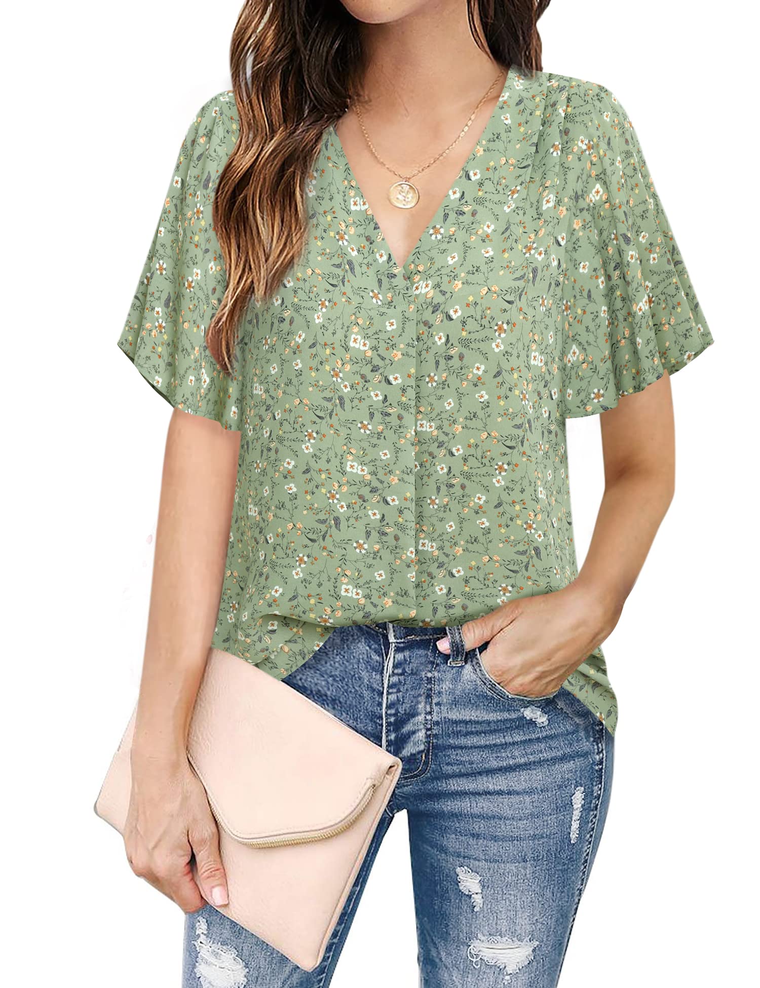 Timeson Women's V Neck Chiffon Blouse Ruffle Sleeve Ladies Work Shirts