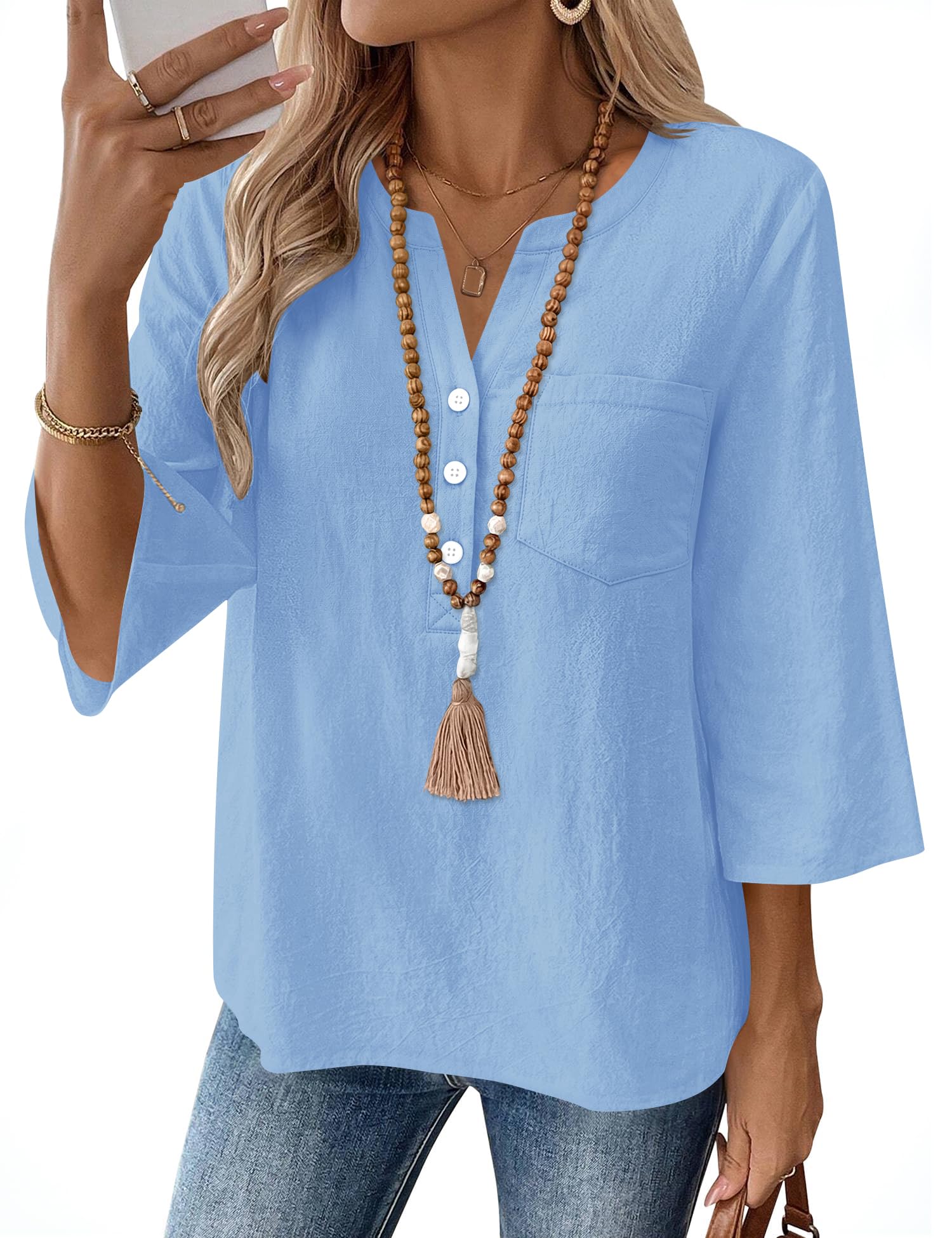 LOMON 3/4 Length Sleeve Cotton Linen Button Down Blouse