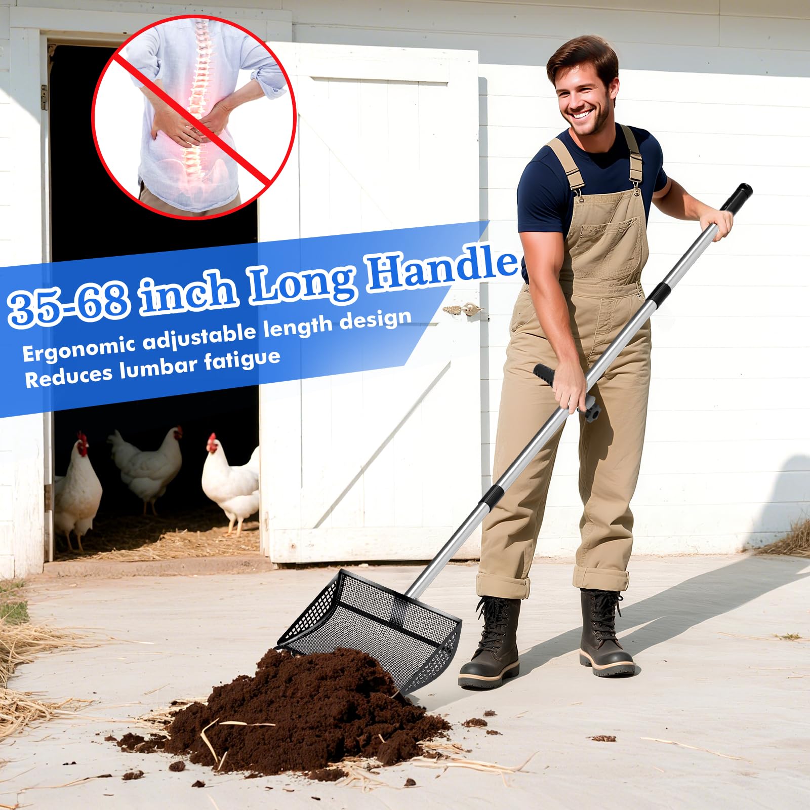 Hühnerkotschaufel Rechen 2-in-1304 Edelstahl Schaufelkopf, Hühnerstreuschaufel mit Griff für Hühnerstall für Sand, Haustierabfallreinigung, Streu Siebschaufel (35 bis 65 Zoll) (Schwarz, 30,5 cm) | Hühnerkotschaufel