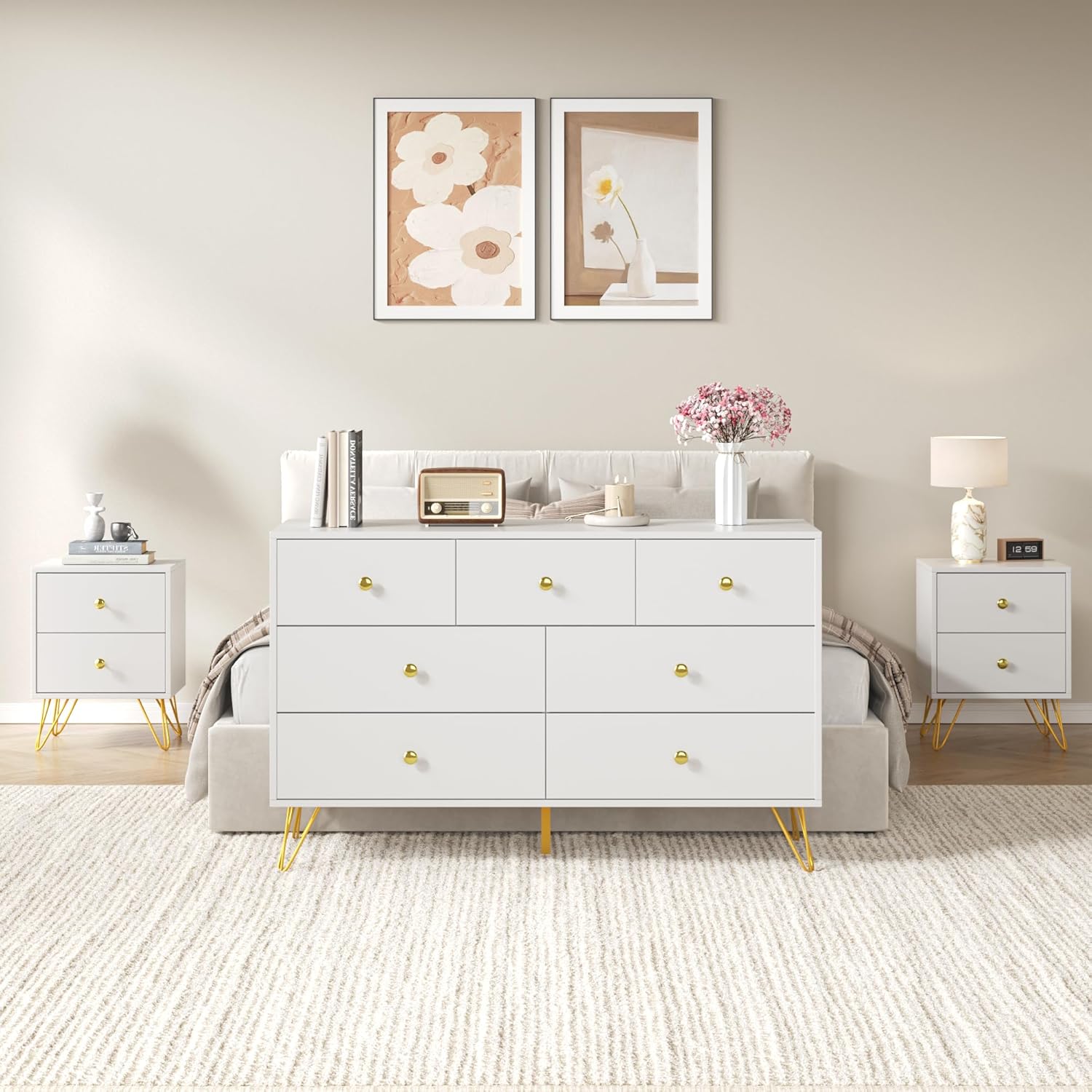 White Dresser and Nightstand Sets for Bedroom,3 Pcs Bedroom Set with Metal Legs, 7 Drawer Dresser & Night Stand Set of 2 with Gold Handles,Bedroom Furniture Sets,Modern Dresser Sets