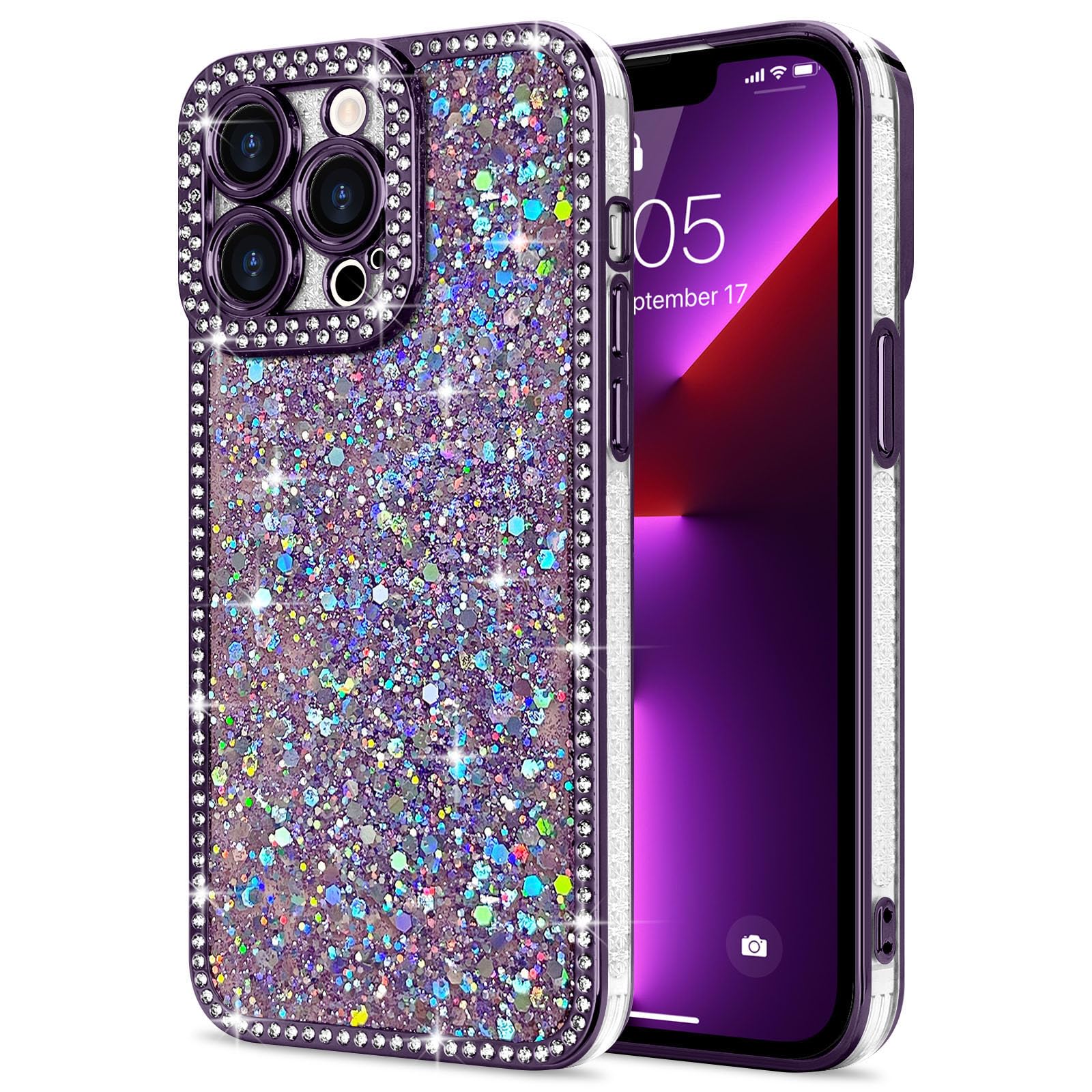 Lafunda Glitzer Hülle Kompatibel mit iPhone 13 Pro Handyhülle Mädchen Schuzhülle Glänzend Sparkle Diamond Hülle 3D Bling Kirstall mit Kameraschutz Case für iPhone 13 Pro Lila