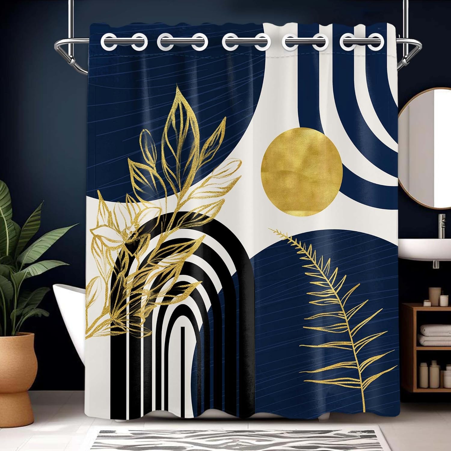 Navy Blue Hookless Shower Curtain with Snap in Liner Set, Boho Dark Blue and Gold No Hook Shower Curtains for Mens Bathroom, Liner with Magnets, Waterproof Cloth Fabric, 71" W x 74" L
