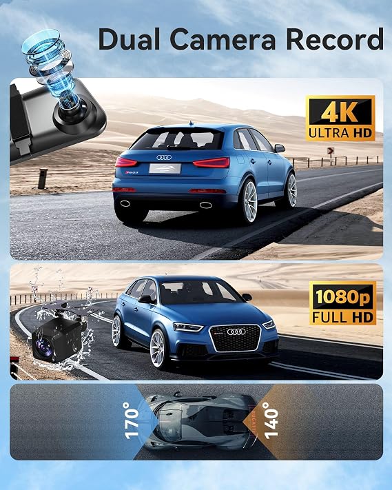 12'' Rearview Mirror Camera with CarPlay&Andorid Auto,4K Mirror Dash Cam Front and Rear Backup Camera with Reverse Assist/Loop Record/G Sensor/Voice Control&Split Touch Screen,64GB Card Included