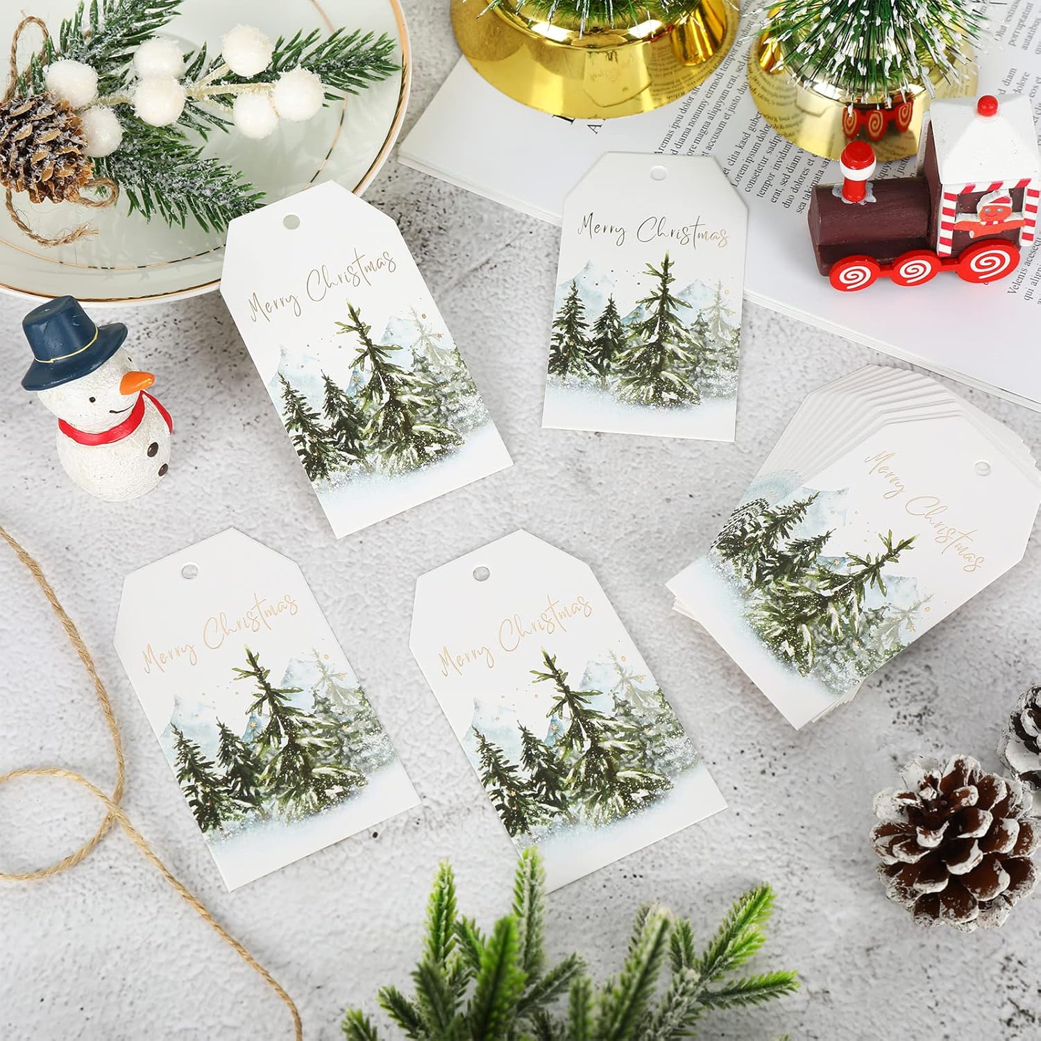 Whaline 100Pcs Christmas Paper Gift Tags Gold Foil Merry Christmas Paper Tag Watercolor Tree Seasonal Wishes Holiday Hang Name Tags Label with Twine, Xmas Winter Great DIY Gift Seasonal Party Favors - Image 3