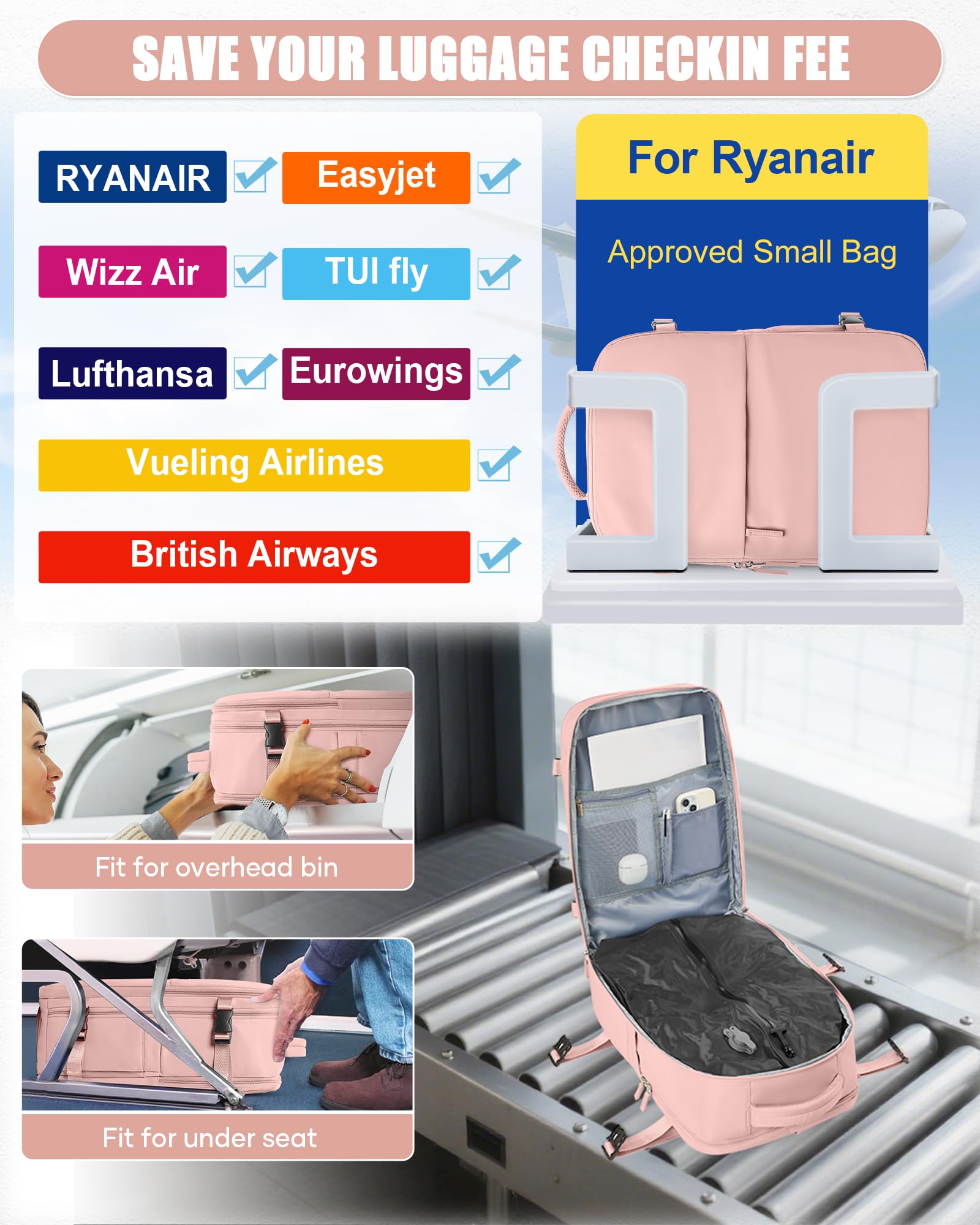 BJLFS Zaino da Viaggio con Sottovuoto Ryanair 40x30x20 Wizzair Bagaglio a mano 40x20x25 Ryanair con Pompa Borse da Cabina per Easyjet 45x36x20 con compressione sottovuoto,Zaino Casual per Laptop