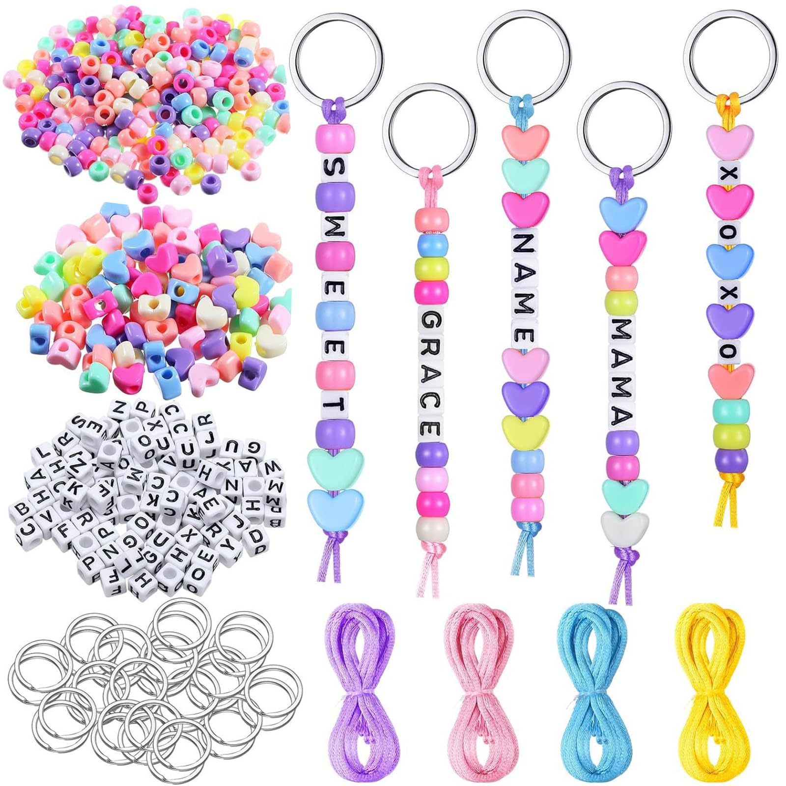 566 Pcs DIY Keyring Making Kit,Keychain Making Kit Includes Letter Beads,Colorful Beads,Heart Bead, Key Rings and Cords, Handcrafting Keyrings for Backpack Charms, Party Favors, Gift Crafting