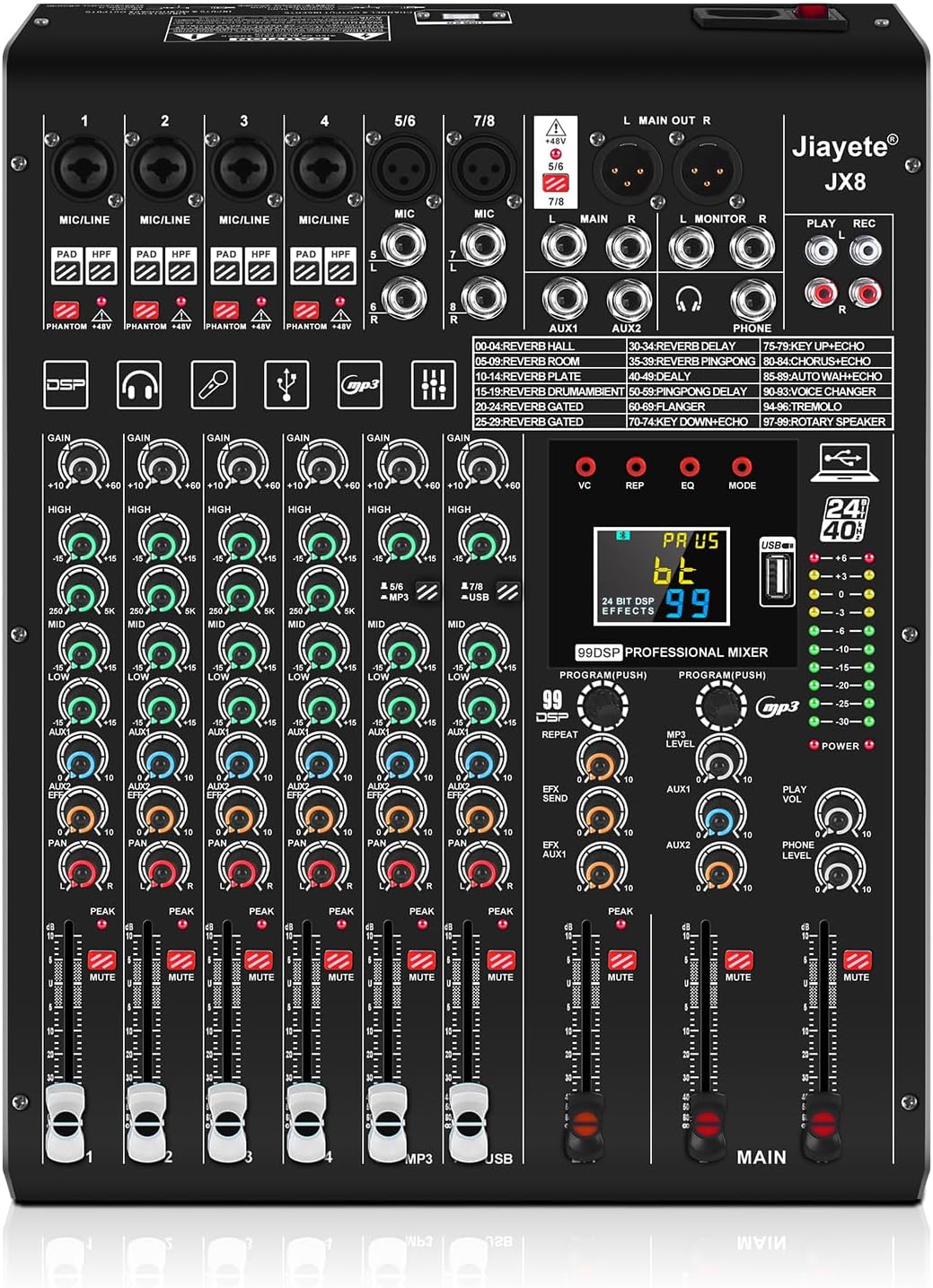 6 Channel DJ Mixer, Professional Audio Mixer, Metal, DSP 99 Preset Effects, Bluetooth Sound Board, 48V Phantom Power, Black USB Xlr Music Streaming Mini Mixing Console, Pa Mixer for PC, Podcast