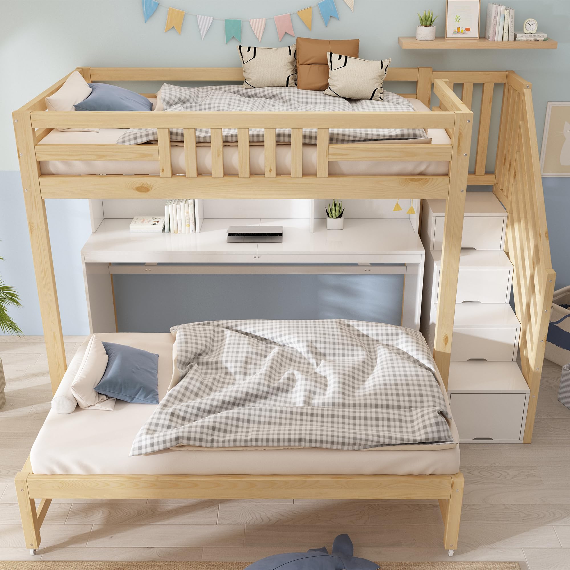 Lit Superposé Enfant 90x190/200cm avec Bureau de Mobile et Lit, Lit Mezzanine 2 Places avec Escalier de Rangement et Étagère Ouvert, Barriere de Sécurité, Sommier à Lattes, sans Matelas (Blanc-12A)