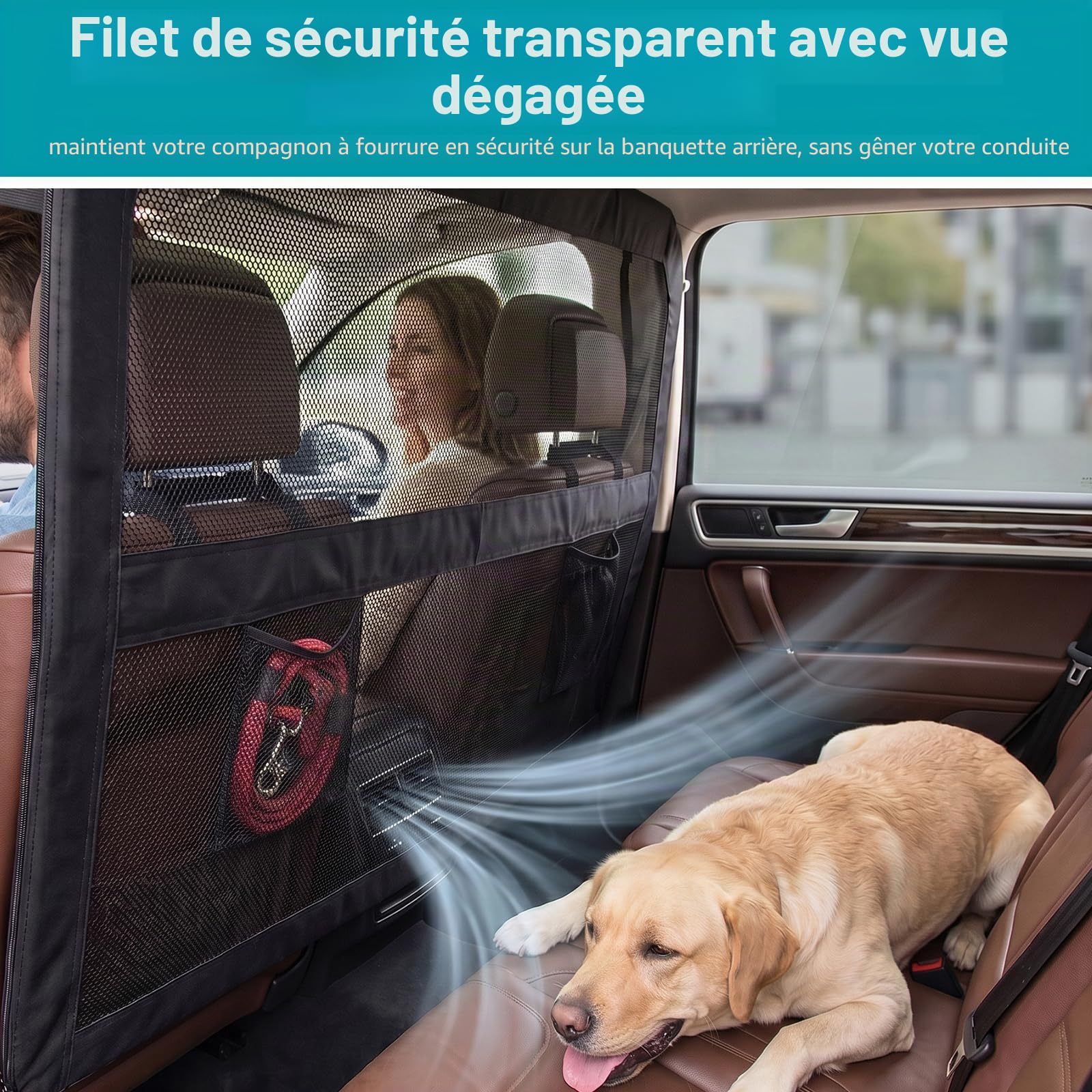 Barrière pour chiens pour voiture siège arrière et coffre avec une couverture plus large, ajustement universel pour voiture et SUV, barrière de séparation pour chiens avec filet transparent