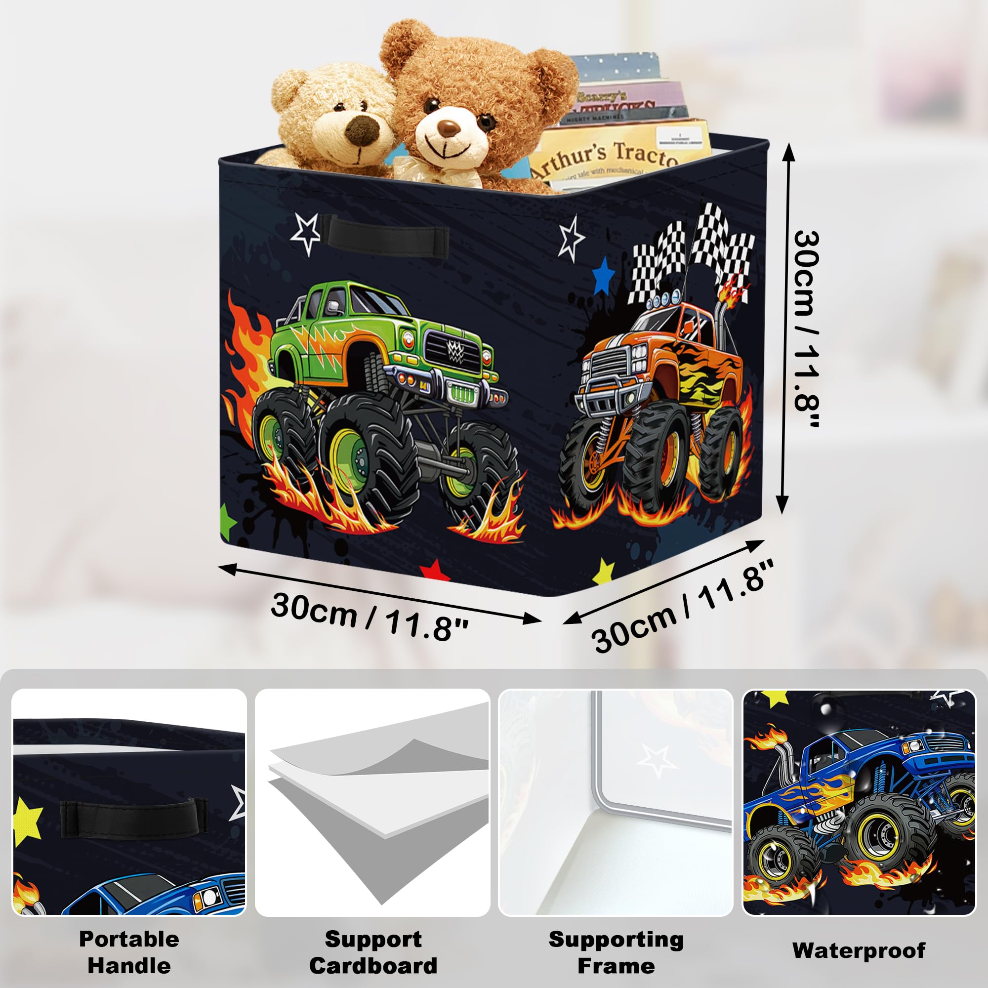 HUUMONSS 11.8" Construction Vehicles Storage Cube Organizer Set 3Pcs Clothes Storage Basket Bin for Home Cars Kid Book Toy Chest Monster Truck - Image 3