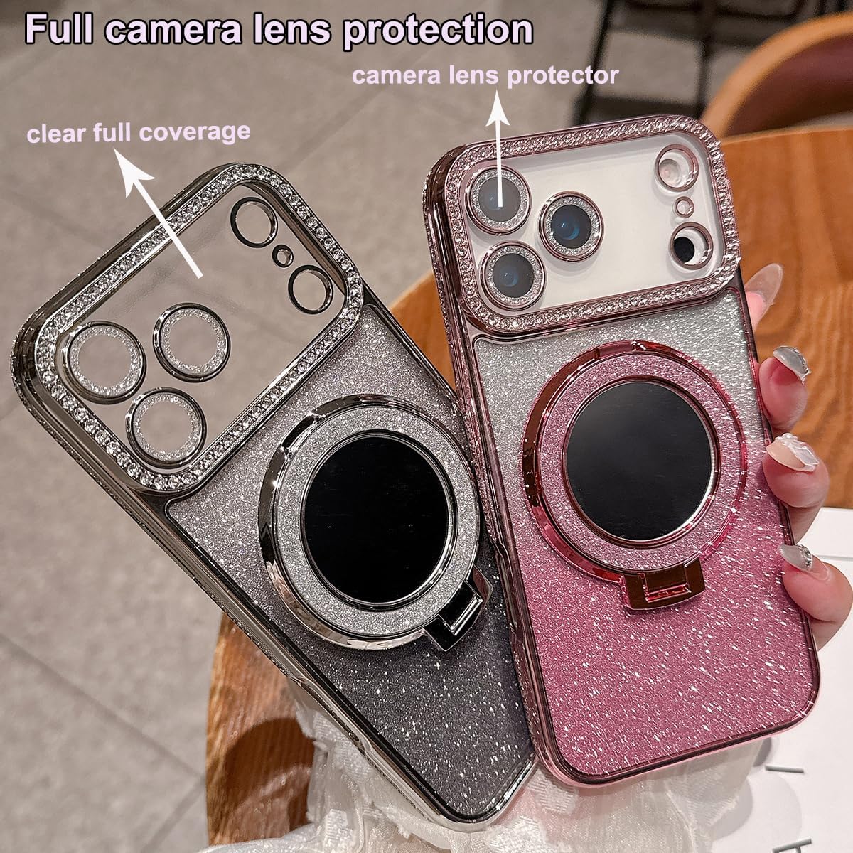 for iPhone 17 Pro Magnetic Kickstand Case, [Compatible with Magsafe] Shockproof Glitter Cute Bling Cover Makeup Mirror Ring Holder Camera Protector for Girls Woman for iPhone 17 Pro, Silver - Image 6