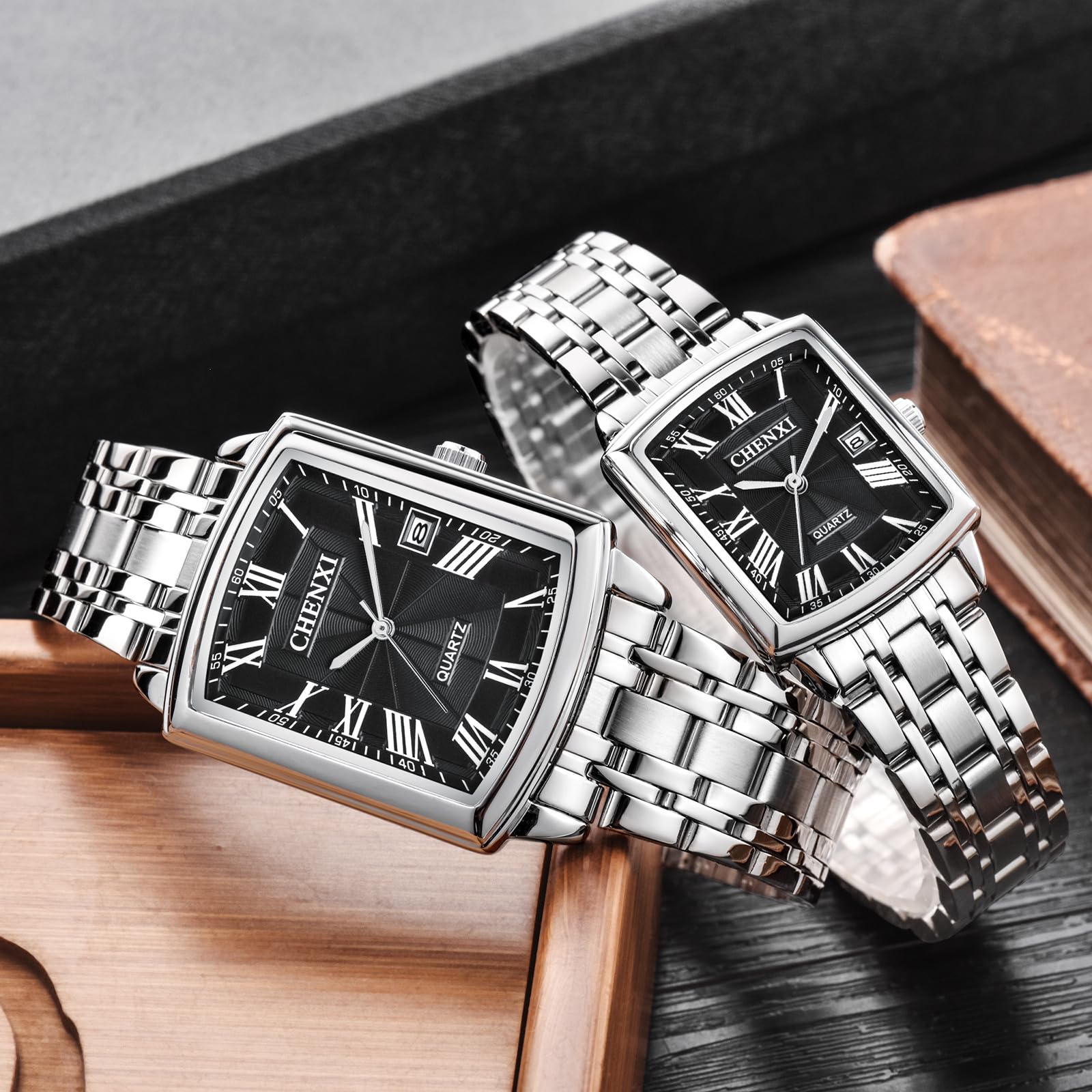 JewelryWe Reloj de pulsera analógico para hombre y mujer, cuarzo, rectangular, cerámica, banda de cerámica, para parejas, con brillantes, color negro y blanco, regalo de San Valentín, Relojes
