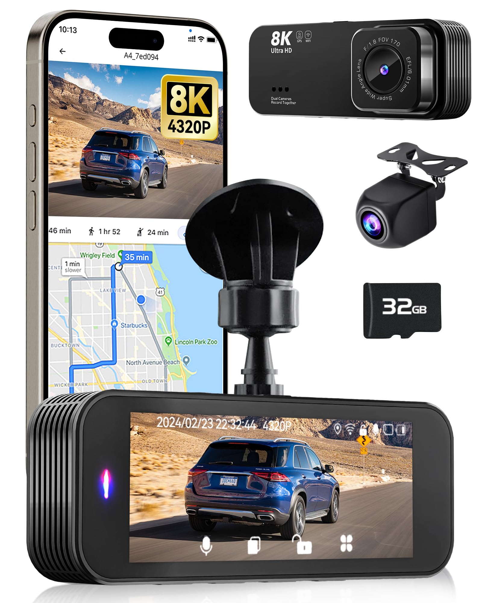 Dash Camera for Cars, 8K Ultra HD Dash Cam Front and Rear, Dash Cam with App Control, 32GB Card, Built-in Wi-Fi & GPS, 3.16”IPS Screen, 170°Wide Angle, WDR, Night Vision, 24H Parking Mode