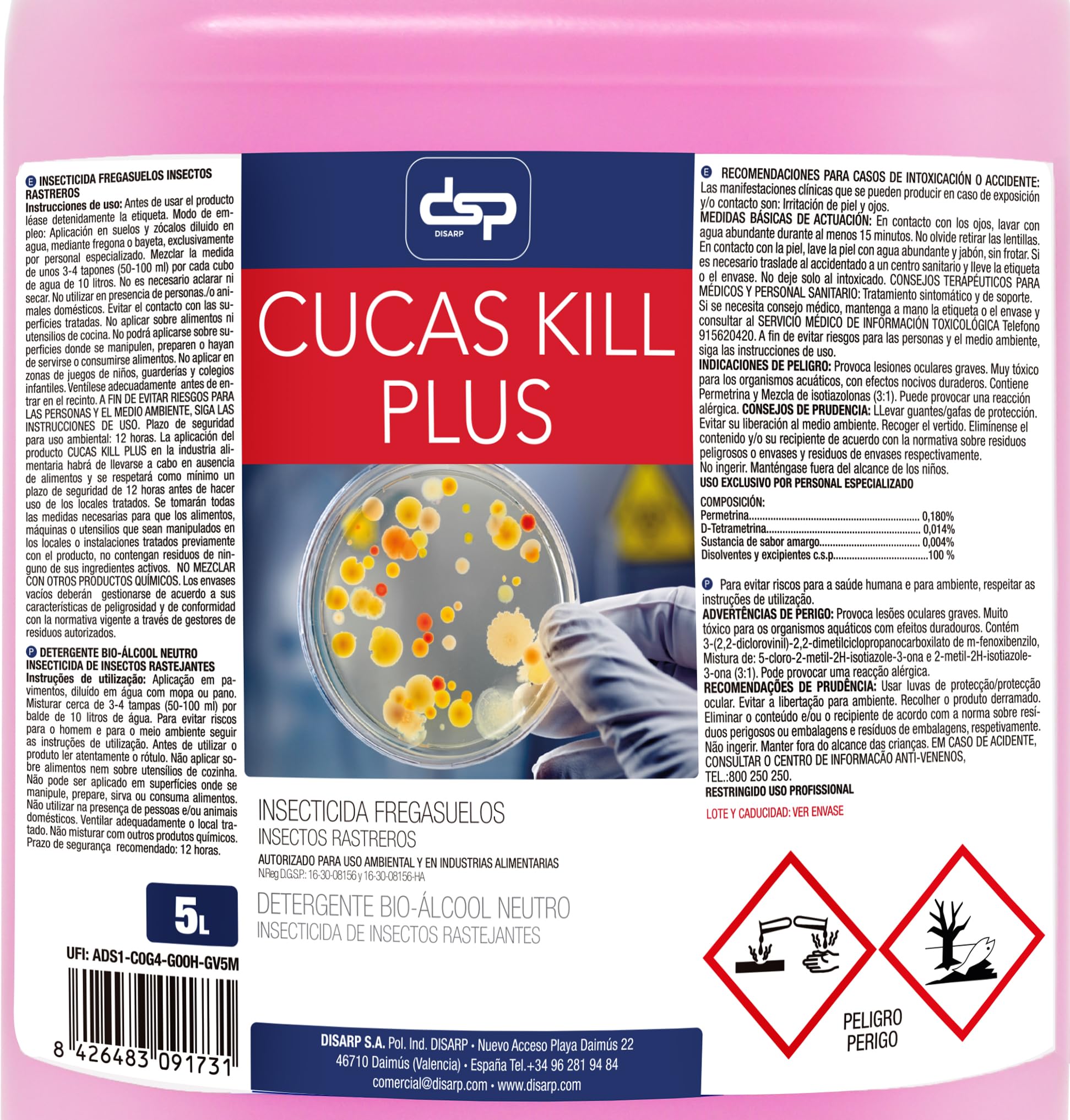 CUCAS KILL Insecticida Fregasuelos, Elimina Hormigas, Cucarachas y Arañas, Efecto Preventivo 15 Días, Aroma Neutro, 5 Litros