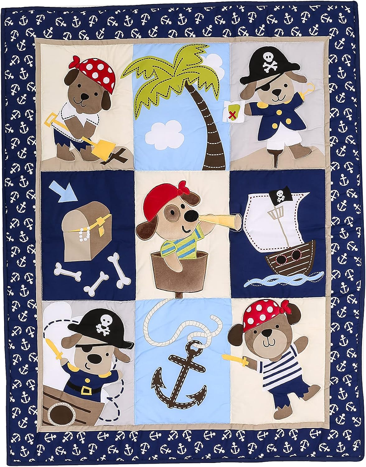 4 PCs Navy Blue Embroidery Pirate Themed Nursery Crib Bedding Set Quilt, Fitted Sheet, Skirt, Diaper Organizer Pirates Thematic Cot Bedding Set