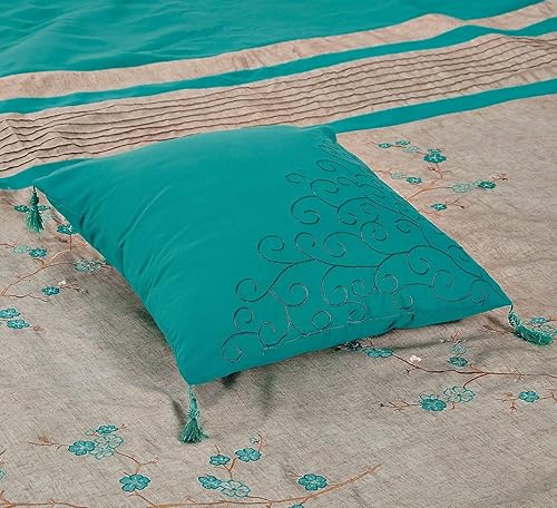 Miniatura 8 de Chezmoi Collection Noriko - Juego de edredón de lujo de 7 piezas con bordado floral de cerezo verde azulado, tamaño King Flor de cerezo azul verde