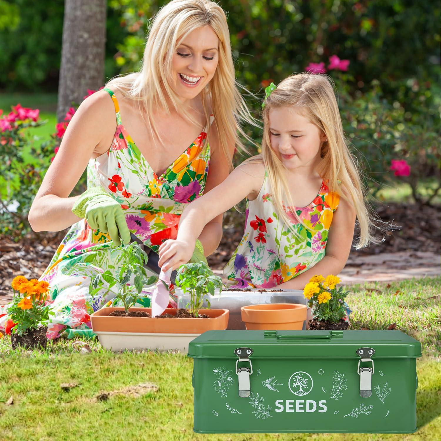 Aufbewahrungsbox für Samen – Garten-Organizer mit Schnur, 30 Umschläge und Etiketten aus Bambus – 4 Fächer mit Sicherheitsschlössern – Dunkelgrün