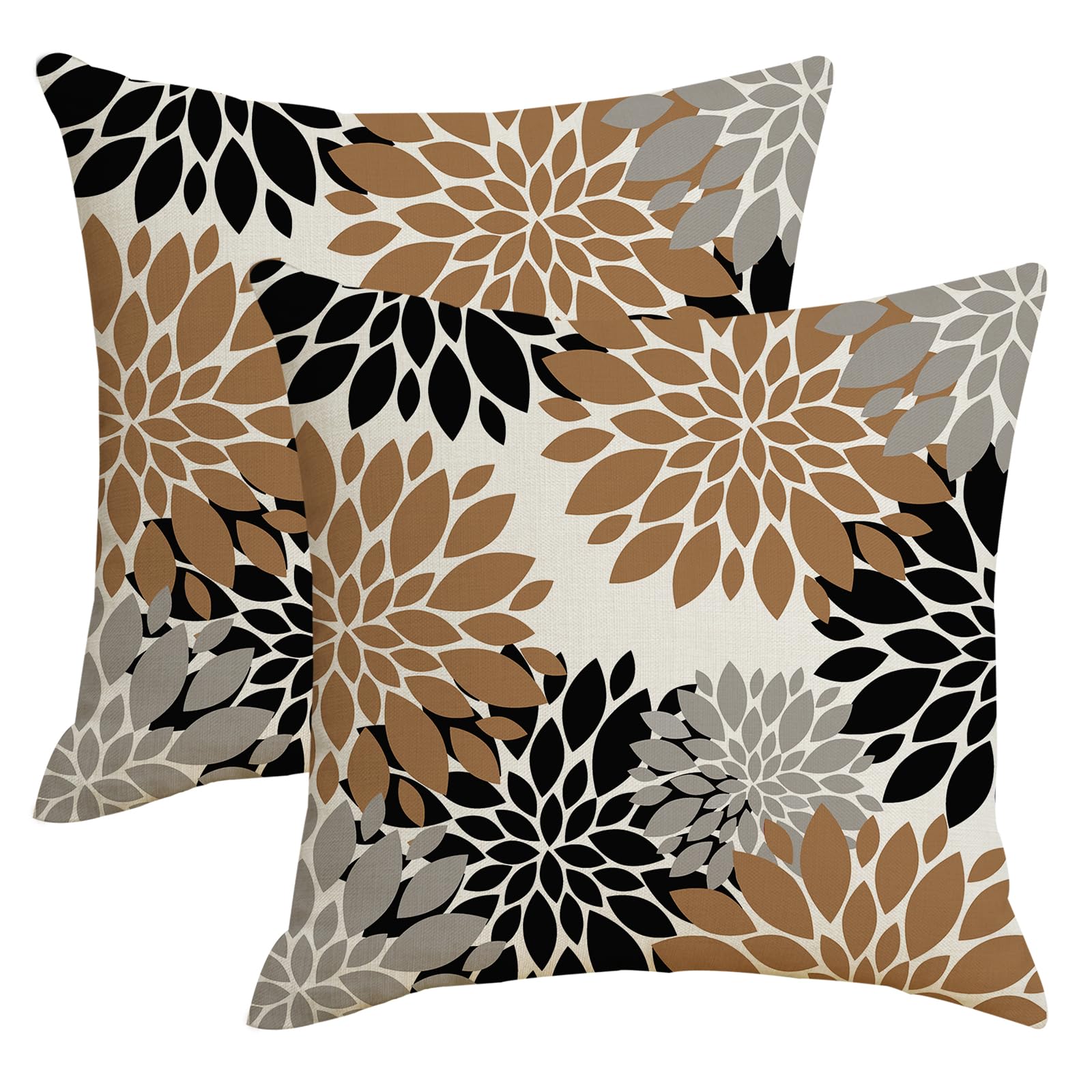 Brown and Black Gray Pillow Covers 16x16 Inch Summer Coffee Grey Dahlia Floral Decorative Throw Pillows Cover Set of 2 Farmhouse Geometric Linen