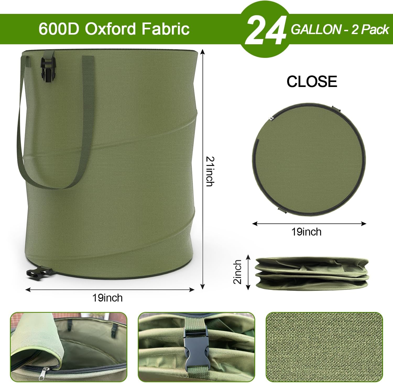 2-Pack 24-Gallon Collapsible Pop-Up Trash Cans – Durable 600D Oxford Cloth Waste Bags for Camping, RV, and Gardening (Green)