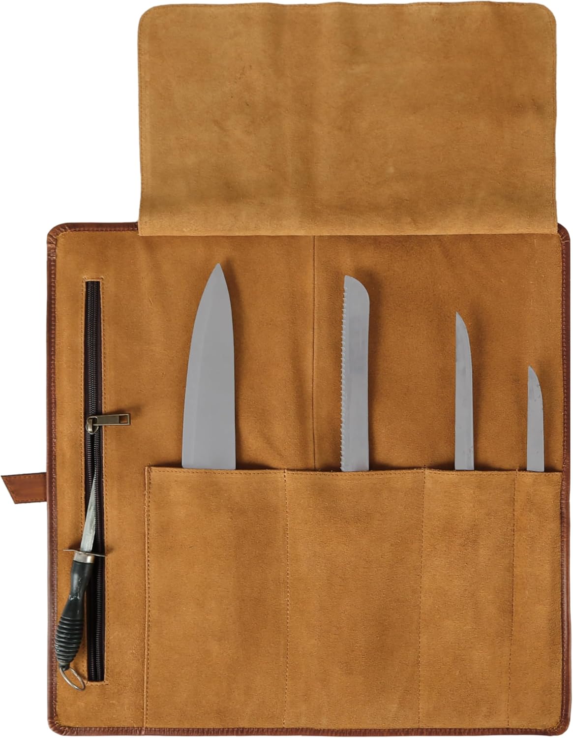 KomalC Premium Buffalo Leather Chef Knife Roll – 17.5″ × 17.5″ Knife Storage Bag with 4 Slots, Suede Lining, Brass Buckle & Zipper Pouch – Portable Travel Case for Chefs & Culinary Students