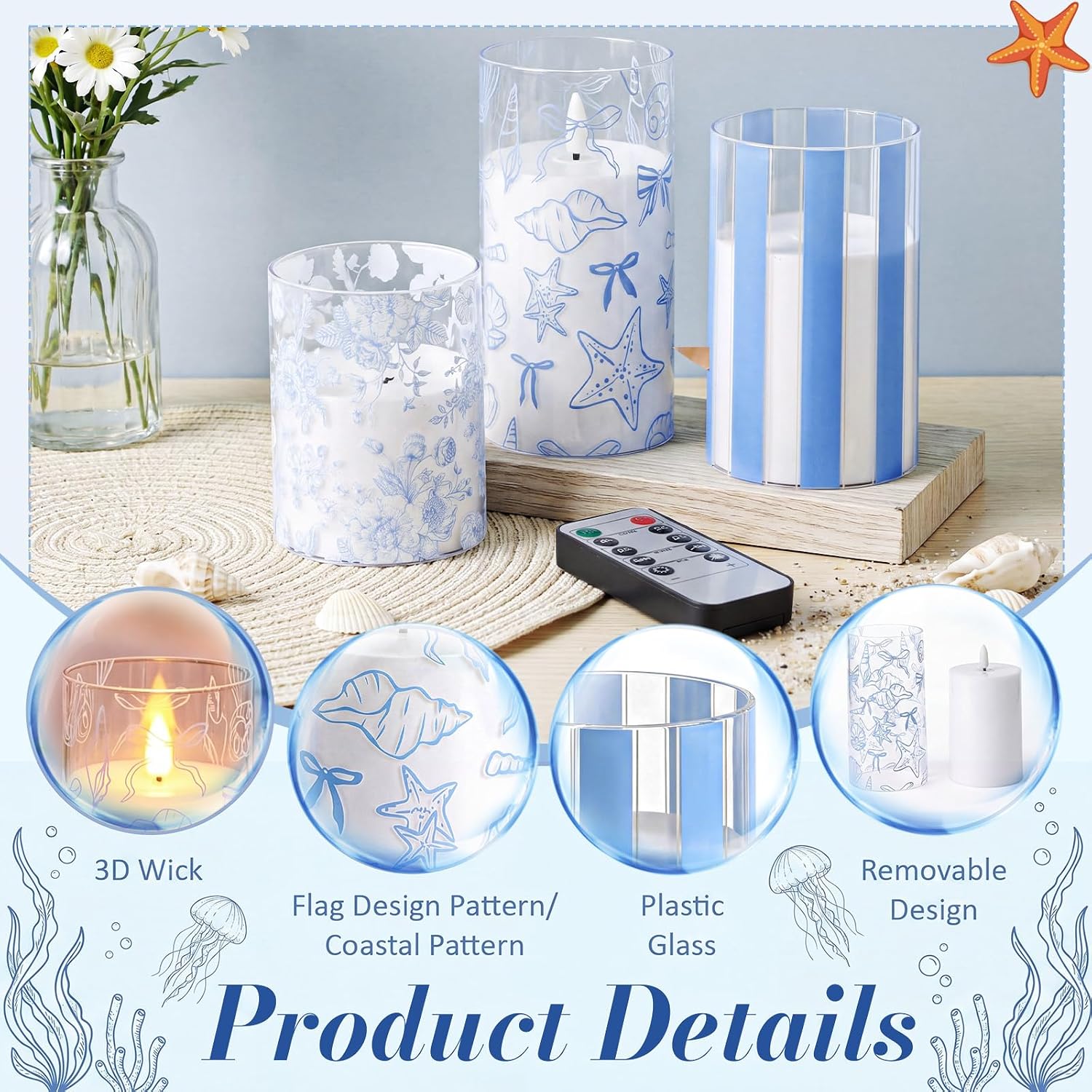 Baquler 3 Pcs Ocean Flameless Candles with Remote Timer Coastal Seashell Starfish Battery Operated Candle Blue Chinoiserie Floral Stripe Pillar Candles for Summer Beach Home Room Party Decor