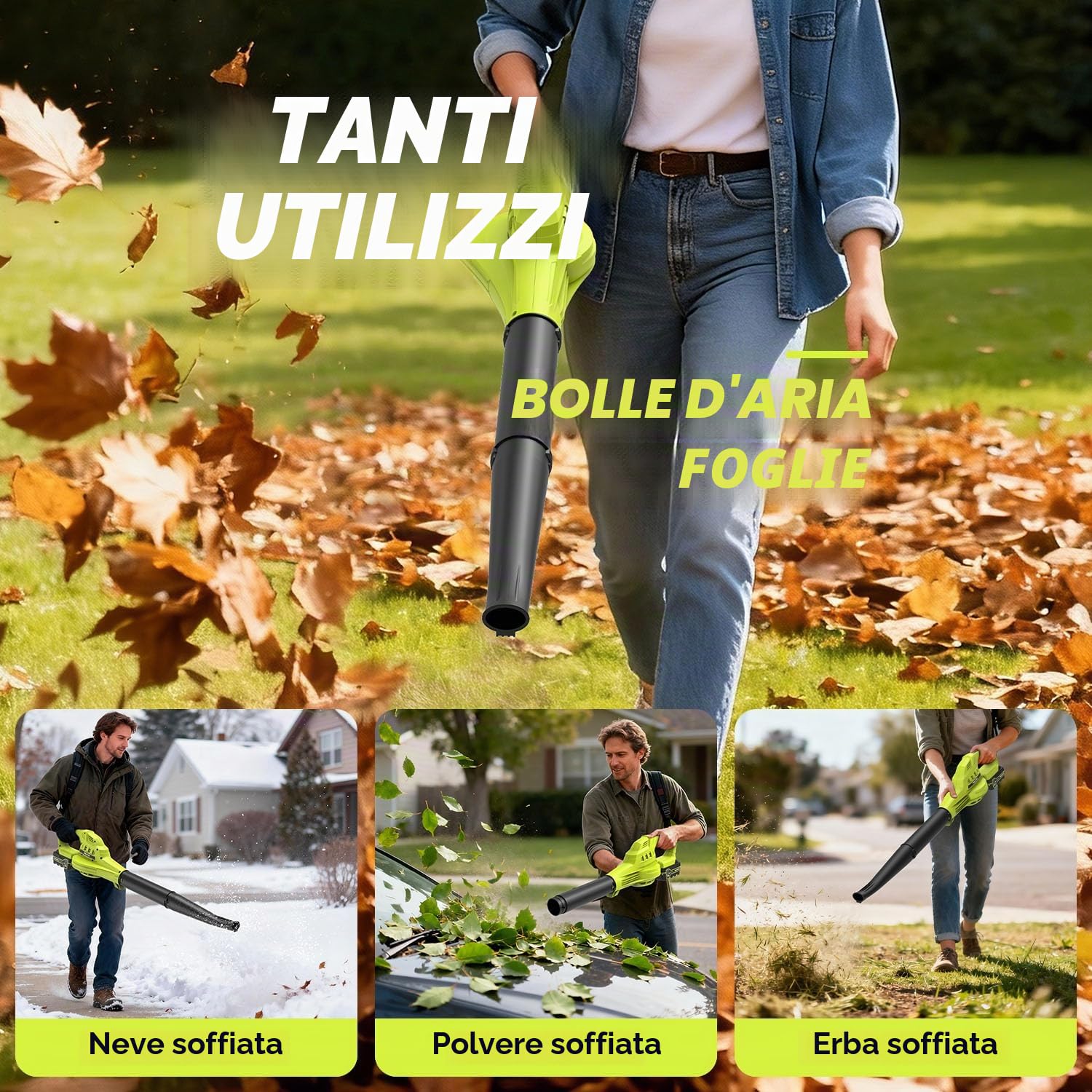 Soffiatore per Foglie a Batteria con 2 Batterie da 4000 mAh e Caricatore, 242 km/h, Soffiatore Senza Fili Leggero, 3 Velocità Regolabili, Soffiatore Elettrico Compatto per Foglie, Polvere, Giardino