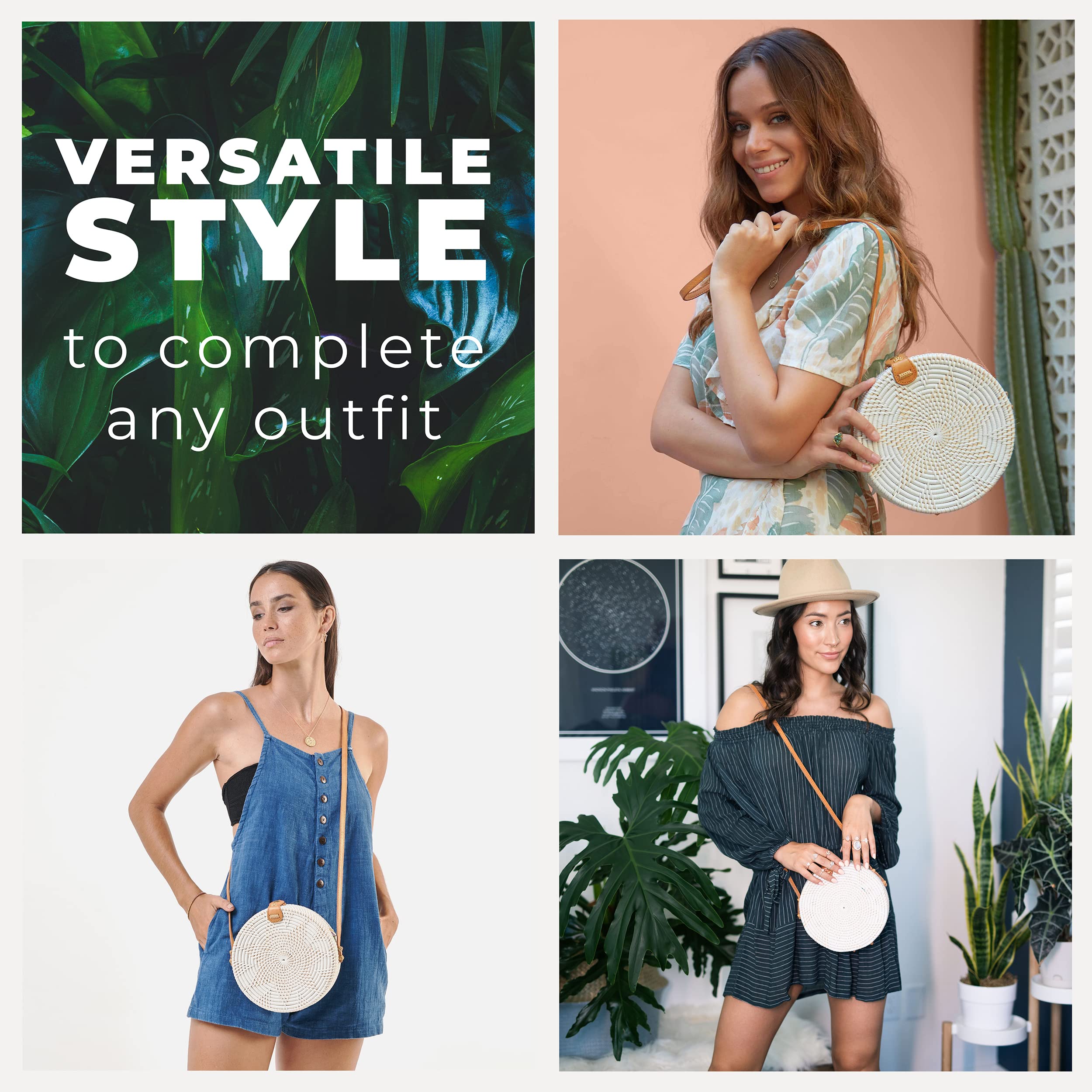 Novum Crafts Bolsa redonda de ratán para mujer, bolsas de paja hechas a mano, bolso de mimbre, bolso cruzado de color marrón y blanco
