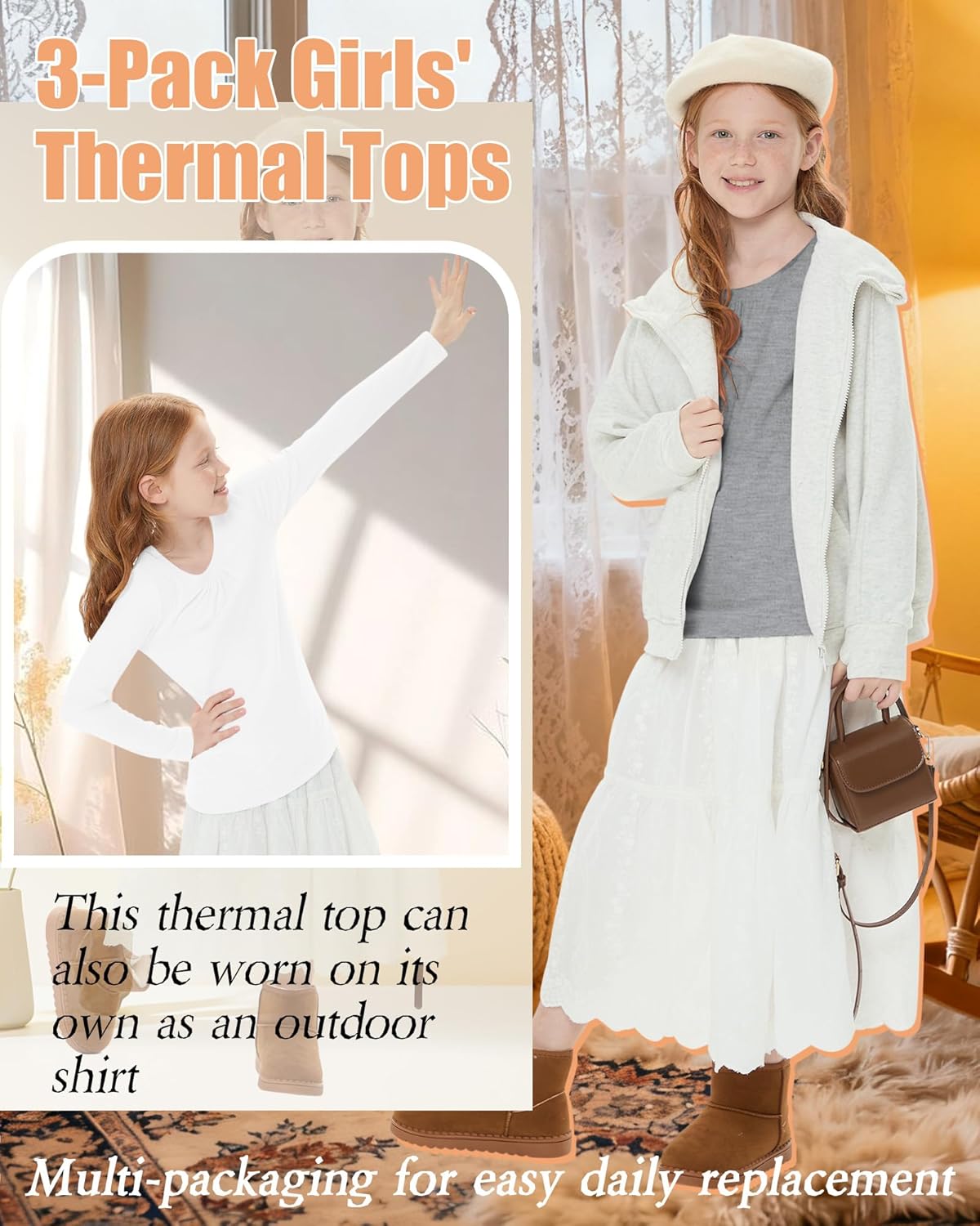 3 Packs Girls Long Sleeve Thermal Shirts Round Neck Fleece Lined Tops Base Layer Soft Basic Tees Warm Plain Clothes - Image 6