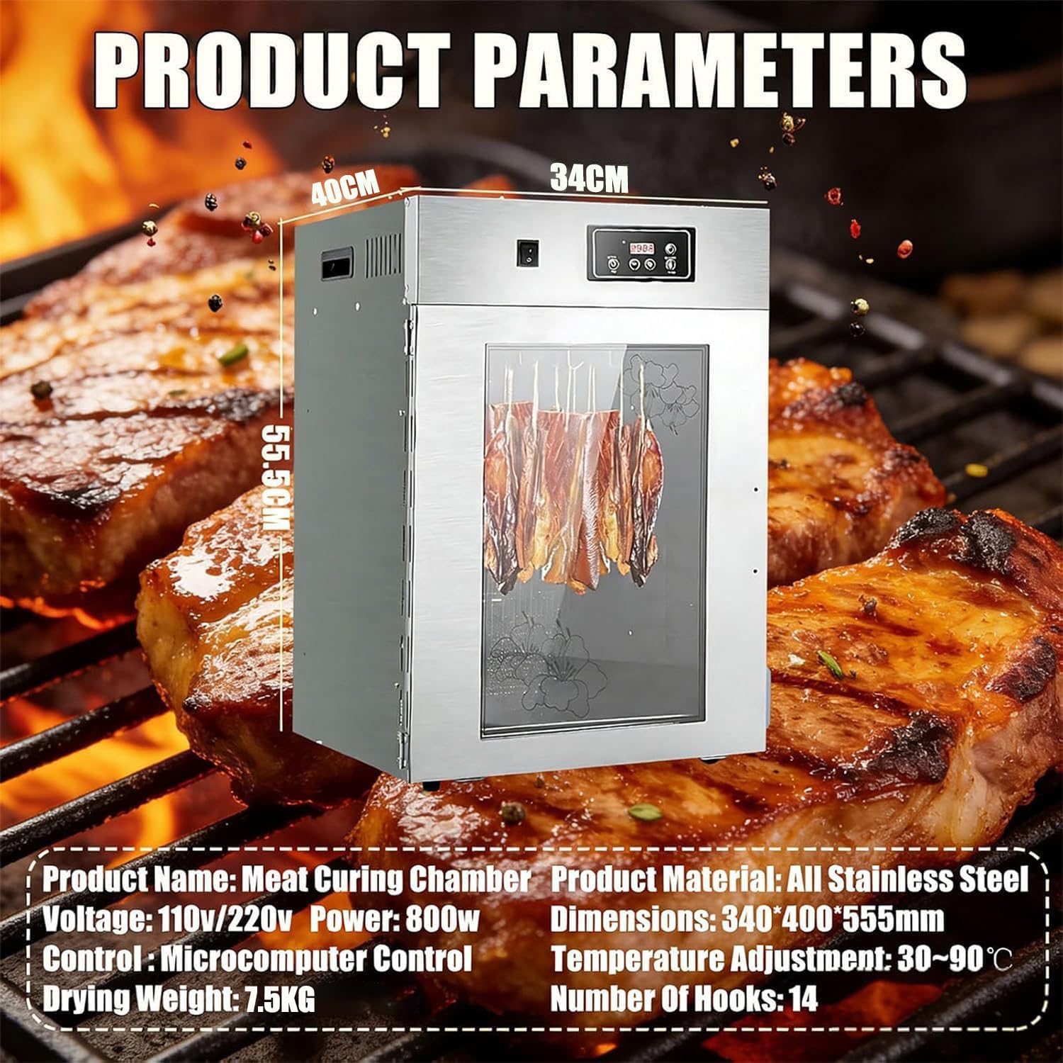 Domowa suszarka do żywności 800W, Obrotowa suszarka do mięsa 360°, Komora do dojrzewania mięsa, Maszynka do jerky wołowego, Szafka susząca, Regulacja 30-90°C, W zestawie 10 półek, 14 haków
