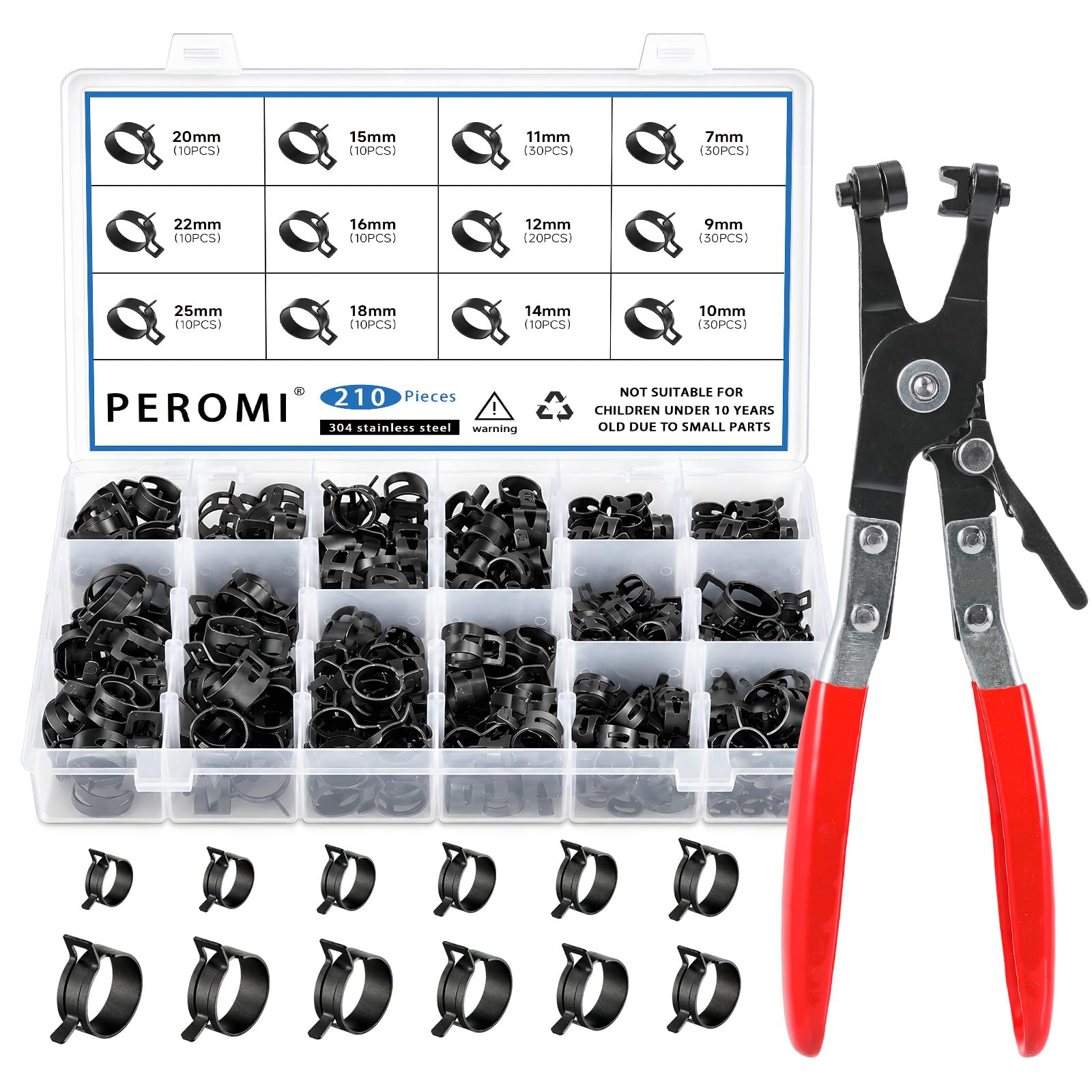 210Pcs Steel Spring Band Hose Clamp Kit (7-25mm) with Swivel Flat Pliers – Multi-Purpose Assortment for Fuel Line, Silicone, Vacuum Hoses Low-Pressure Air &amp; Automotive Clip Clamps