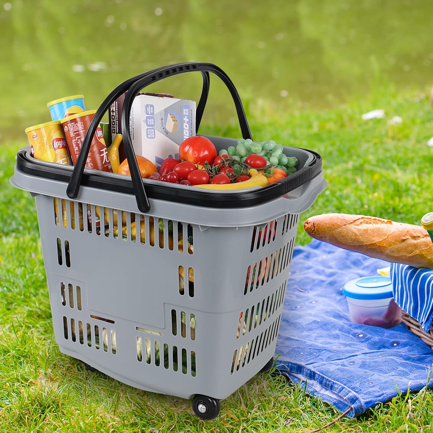 Readsky 4-Pack Large Plastic Rolling Shopping Basket with Handles, 50 L Shopping Basket with Wheels for Supermarkets Retail Stores, Gray