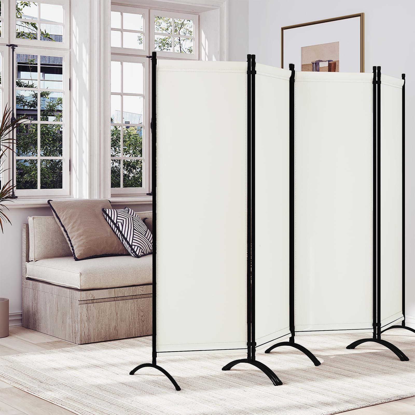 WOLTU Paravento 4 Pannelli 224x182 cm Crema, Divisorio per Camera da Letto, Parete Divisoria Pieghevole, Paravento per Interni ed Esterni, Ideale per Soggiorno, Balcone e Giardino