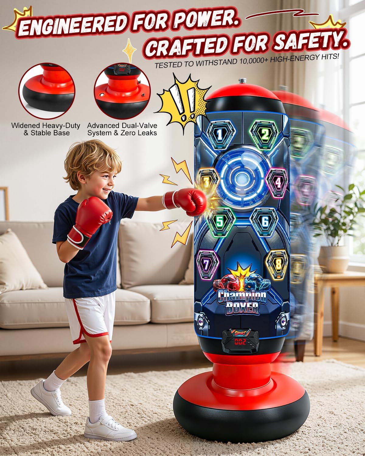 FOTSHARER Kinder-Boxsack mit Handschuhen und Pumpe, aufblasbares Boxset, elektronischer Boxsack mit Musik und Lichtern, freistehendes Kampfsportspielzeug mit 4 intelligenten Spielmodi für Kinder