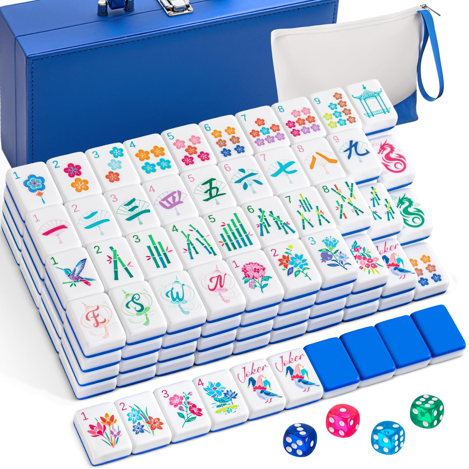 Photo 1 of Soulchen 1.4 Inch Acrylic Blue American Mahjong Set 168 Blossom Numbered Tiles, Tiles Bag and Portable Case Classic Complete Mahjong Set for Adult Collection Gift