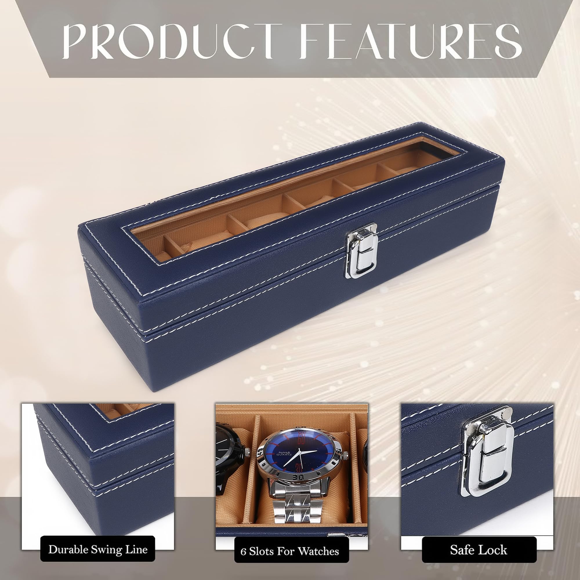 LEDO Watch Box Organizer Case with 6 Slots, Transparent Display, PU Leather Exterior, Blue & Cream Velvet Interior, Metal Clasp Lock, Rectangular Storage Case for Men 4