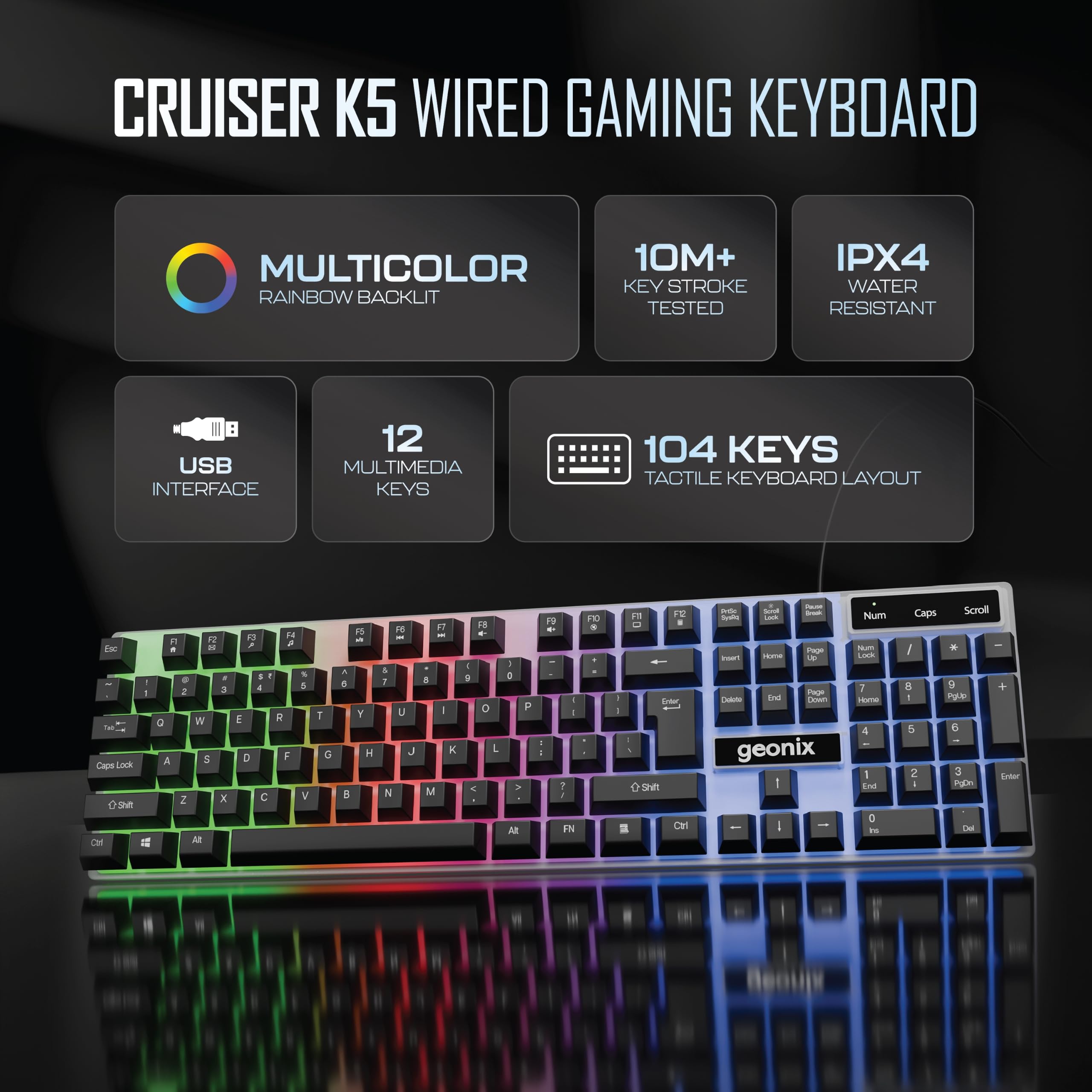 GEONIX Cruiser K5, Wired Gaming Keyboard, 104 Keys, 1.5m Cable, 12 Multimedia Keys, , RGB Colour, Plug and Play — Amazon image 2