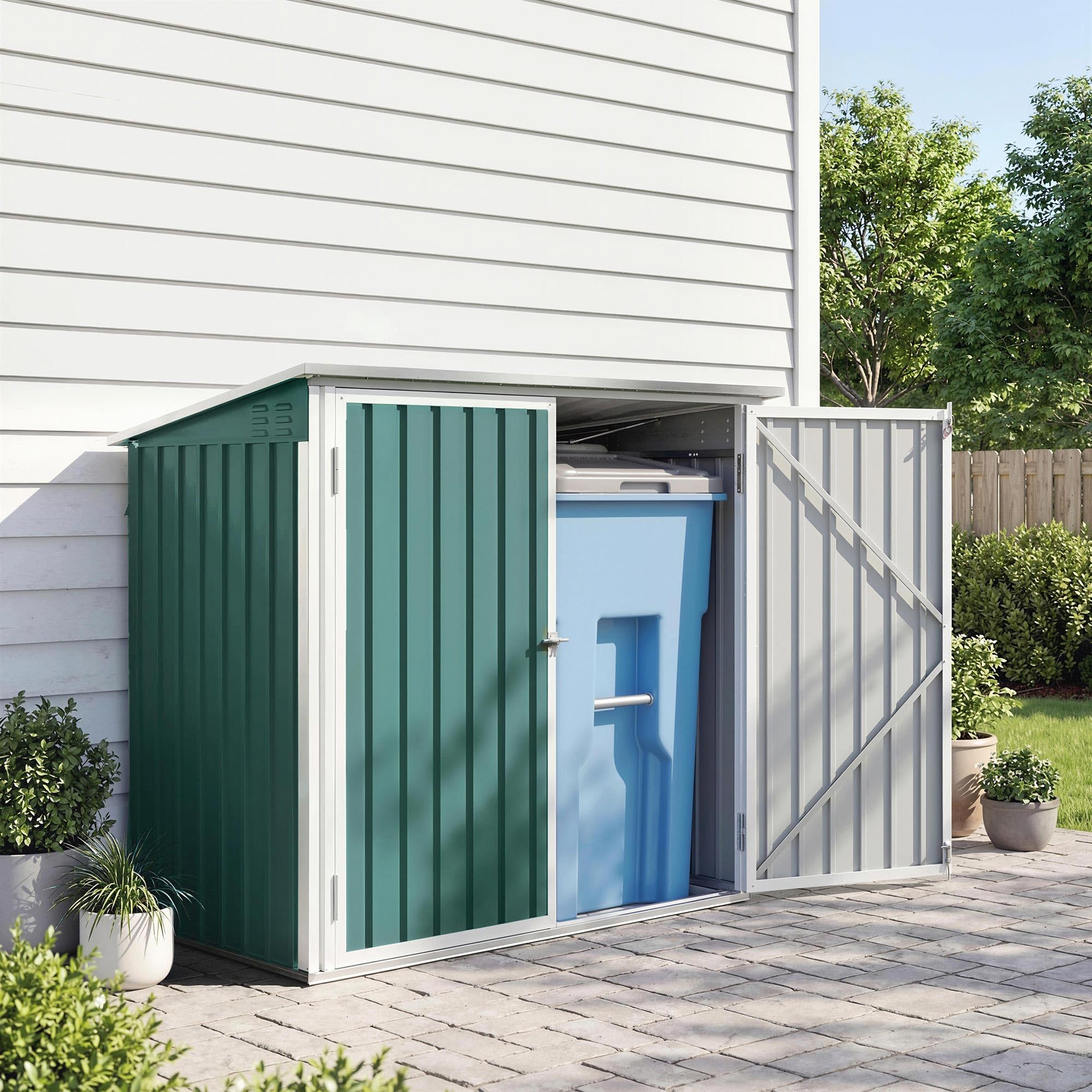 Outsunny Cache Poubelle Double Acier Galvanisé pour 2 Poubelles de 240L - Abri de Jardin avec Couvercle Lié par Chaînes, Vérins à Gaz et Portes Verrouillables - Coffre de Jardin 179,5x108x129,5cm Vert