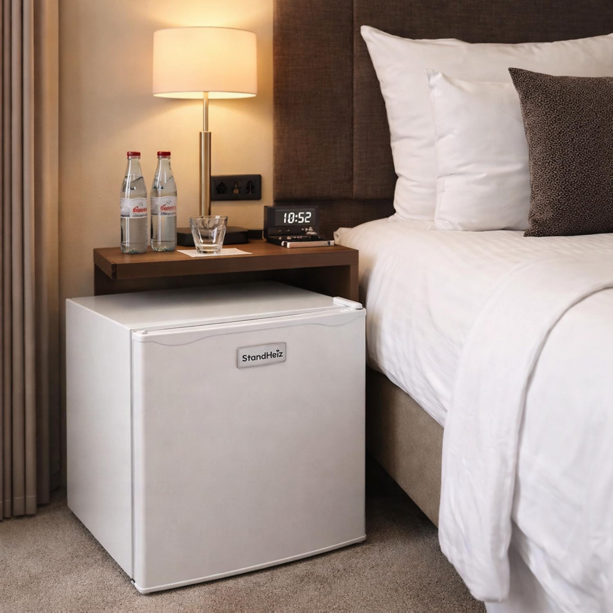Lodówka Kompresorowa z Zamrażalnikiem 46L, Mini Lodówka Mała i Cicha 45dB, 230V, Przekładane Drzwi, Lodówka Hotelowa do Biura, Pokoju, na Camping i do Akademika, Biała, Kompaktowa