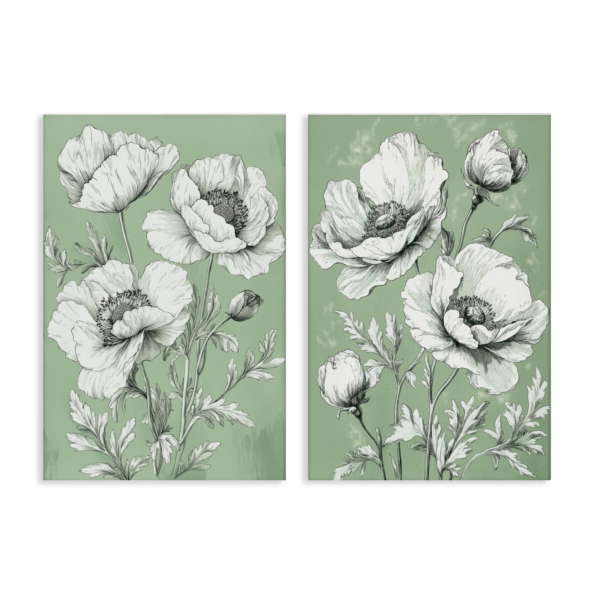 Stupell Industries Vintage Green Poppy Florals 2 Piece Canvas Wall Art Set, design by Petal Prints Design, 30 x 20