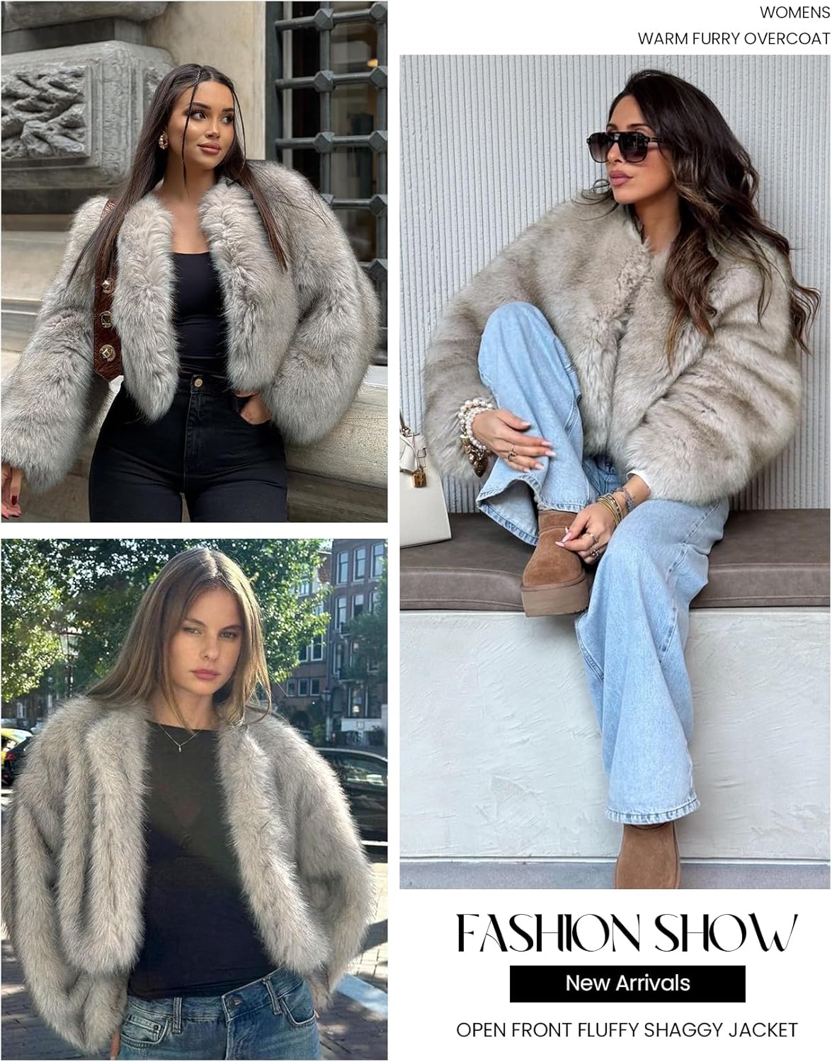 Yimoon Womens Faux Fur Coat Cropped Fur Jacket Fluffy Open Front Winter Warm Outerwear - Image 6