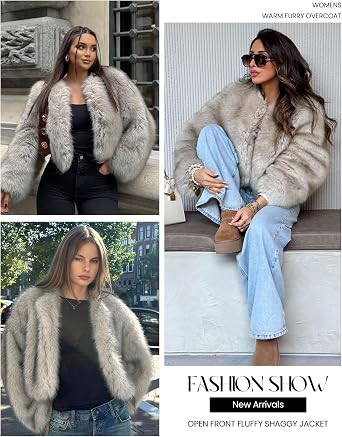 Yimoon Womens Faux Fur Coat Winter Warm Cropped Fur Jacket | Open Front, Crewneck, Long Sleeve, Fuzzy Cardigan Coat, Shaggy Outerwear, Fluffy Jacket