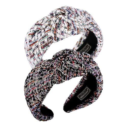 QIANXUAN Diademas de tela negra para mujer, diademas anudadas para mujer, diadema de nudo superior, a cuadros, elegante, de tela de sarga de lana,