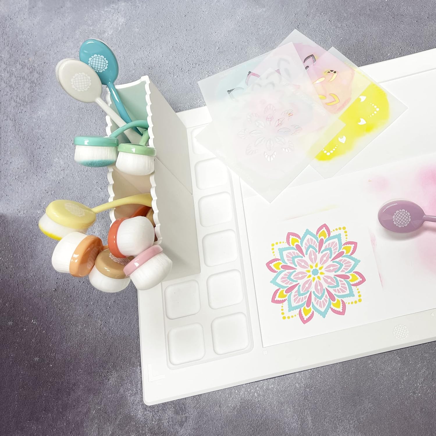 Waffle Flower Water Media Mat - Matte White Silicone Mat with 12 Palette Squares for Watercolors & Mixed-Media! Non-Slip, Waterproof, Heat-Resistant, Non-Stick, Non-Reflective. 9x12in Enclosed Area