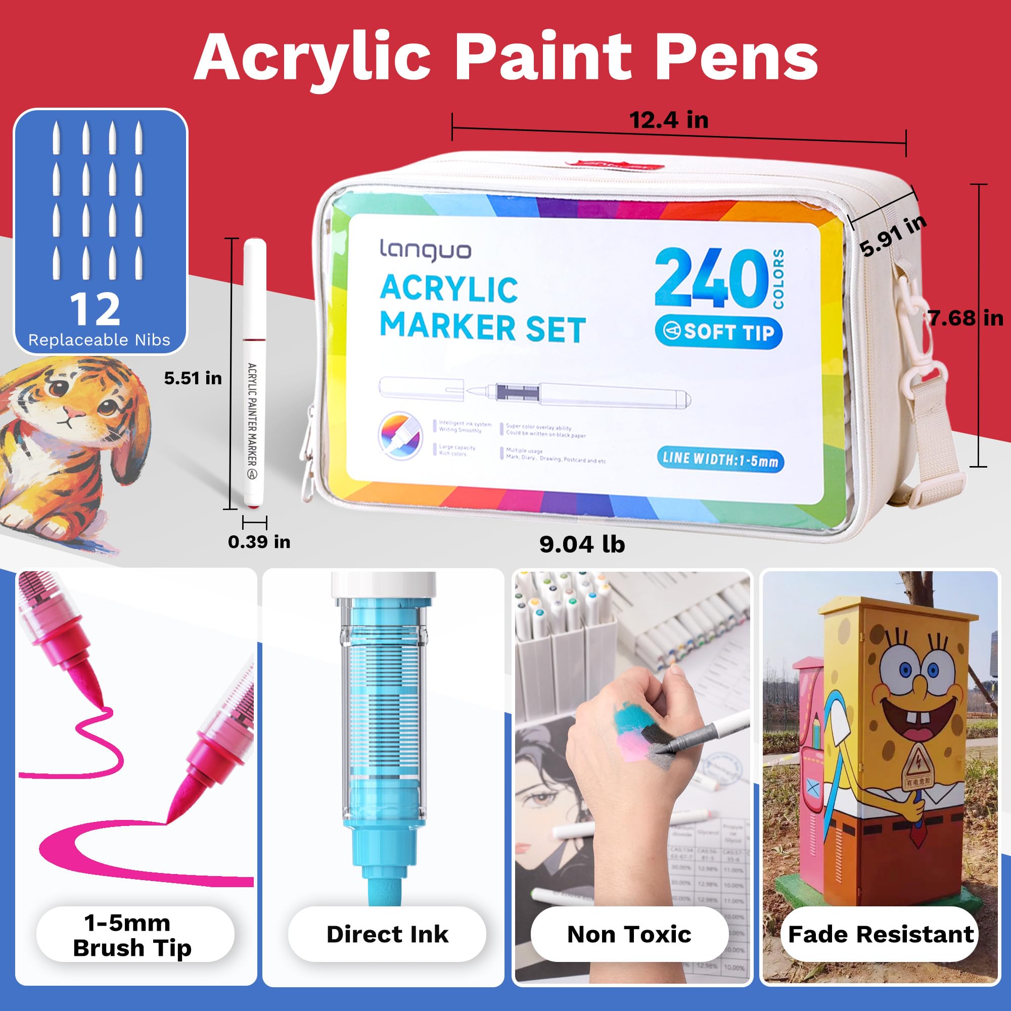 240 Farben Acrylfarben Markerstifte - Pinselspitze, Lebendige Farben für Holz, Stoff, Glas & Mehr, Acrylmalstifte Set mit Aufbewahrungskoffer, Ideal für DIY Bastelprojekte