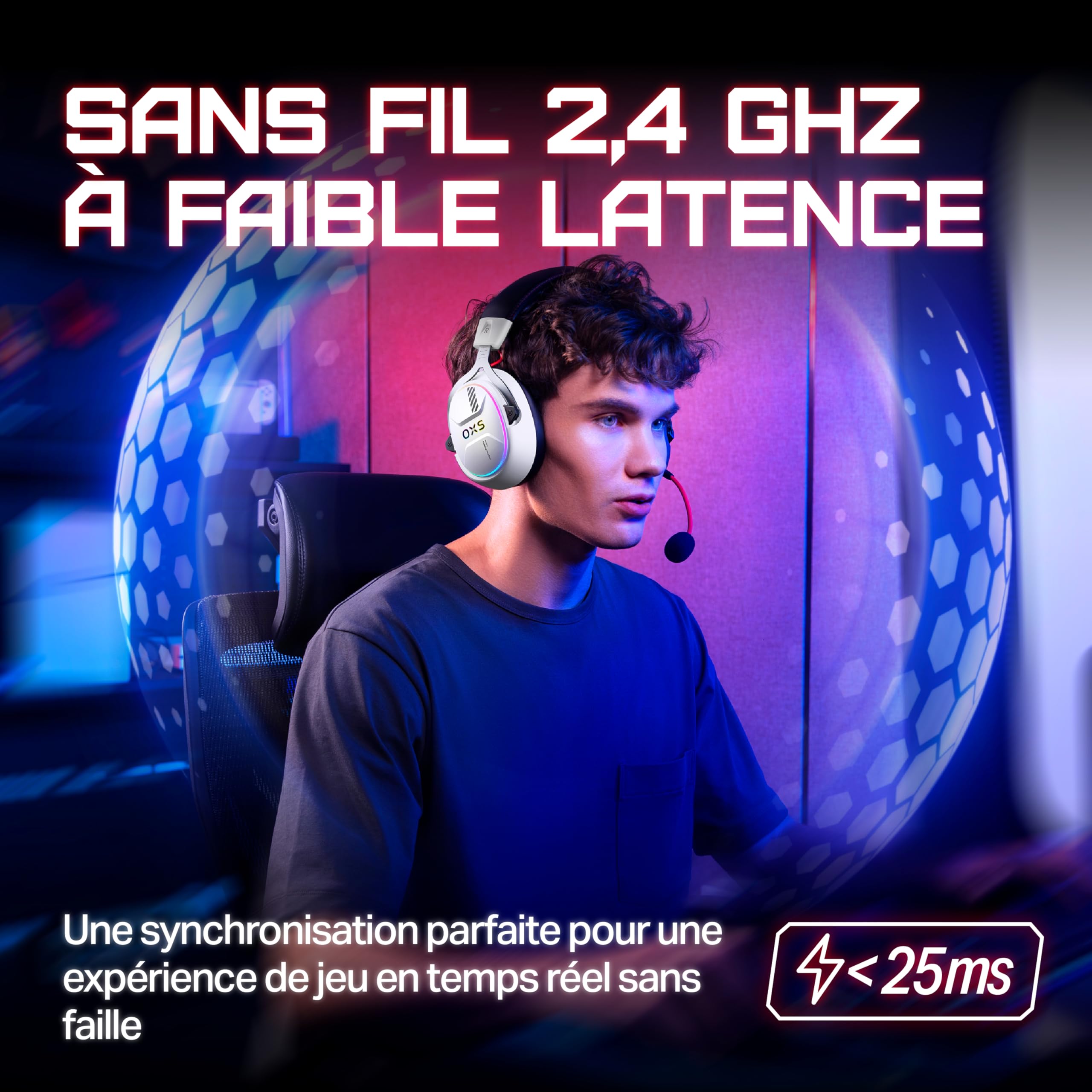 OXS Storm G2 Casque Gaming sans Fil, Son Ambiophonique Virtuel 7,1, 3 Modes d'égalisation, Faible Latence 2,4 GHz, Pilote de 50 mm, Autonomie de 40 Heures, Bluetooth 5.3, pour PC, Console, Blanc