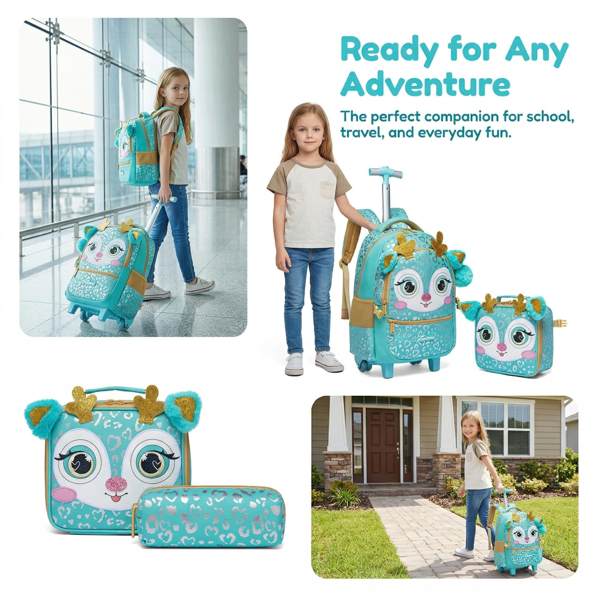 Kinder Rucksack mit Rollen für Mädchen die Schule Tier Koffer Schultrolley Komplett mit Lunchbag und Federmäppchen-Set Geeignet Grundschüler Jugendliche 5-12 Jahre Alt Grün