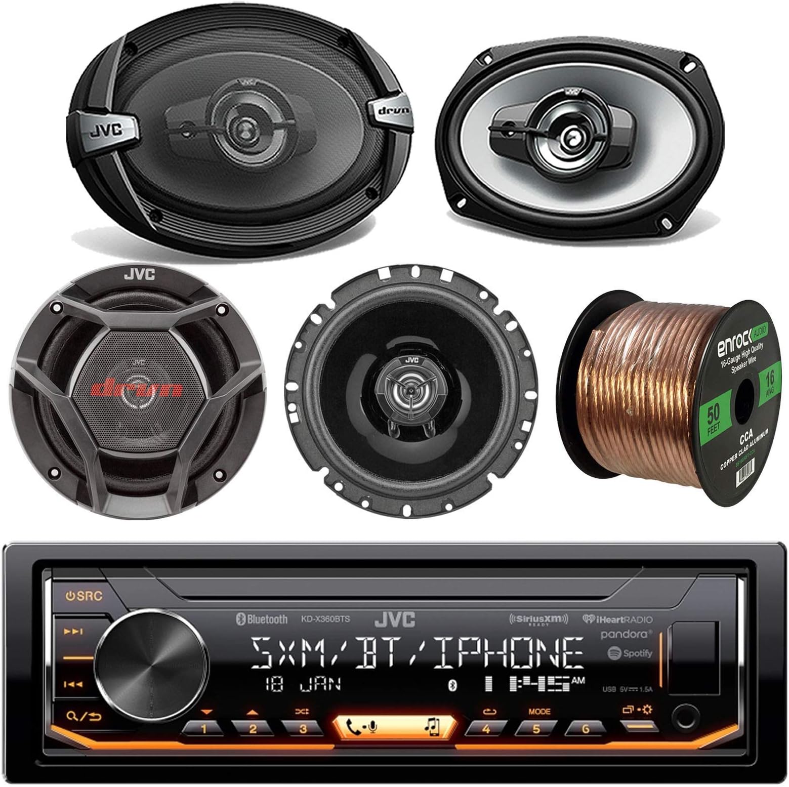 Single DIN Bluetooth USB AUX AM/FM Stereo Receiver, 6x9 500 Watt Max Power 3-Way Car Speakers (Pair), 6.5" 2-Way 300 Watt Max Power Car Speakers (Pair) with 16 Gauge 50 ft Speaker Wire